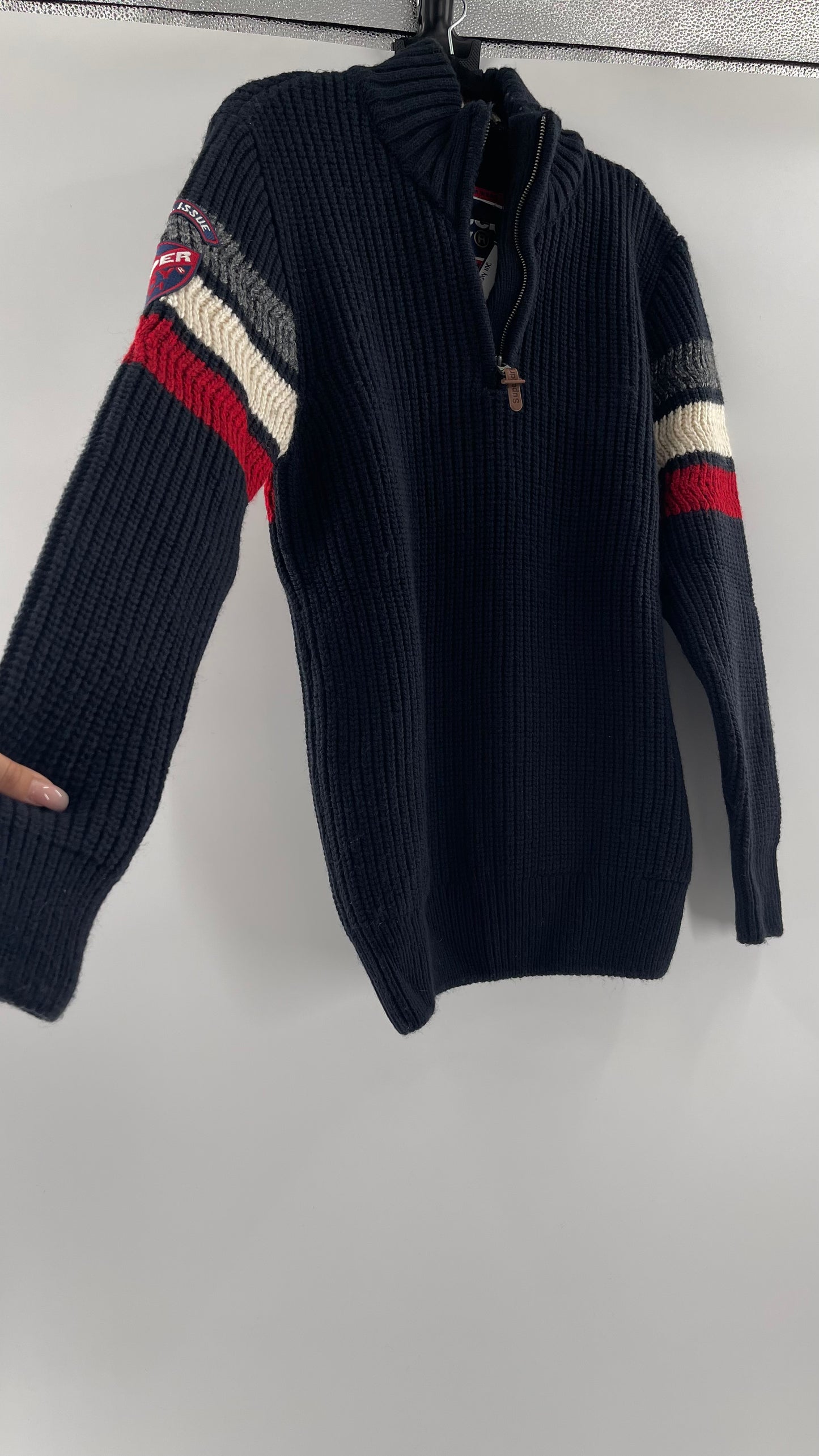 Superdry Navy Thick Knit Ski Dog Quarter Zip Henley (XL)