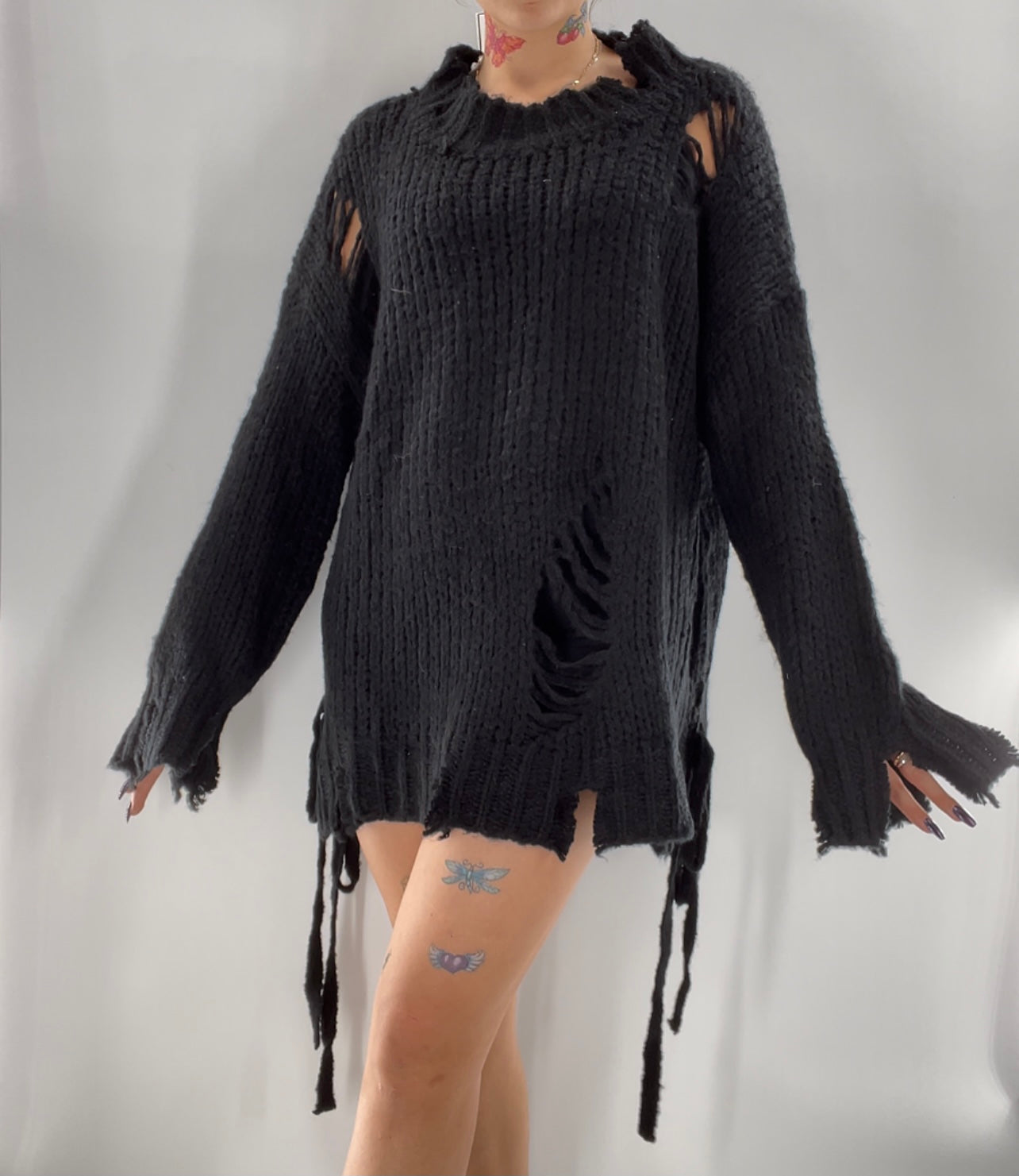 Black Distressed Tie Side Sweater (L)