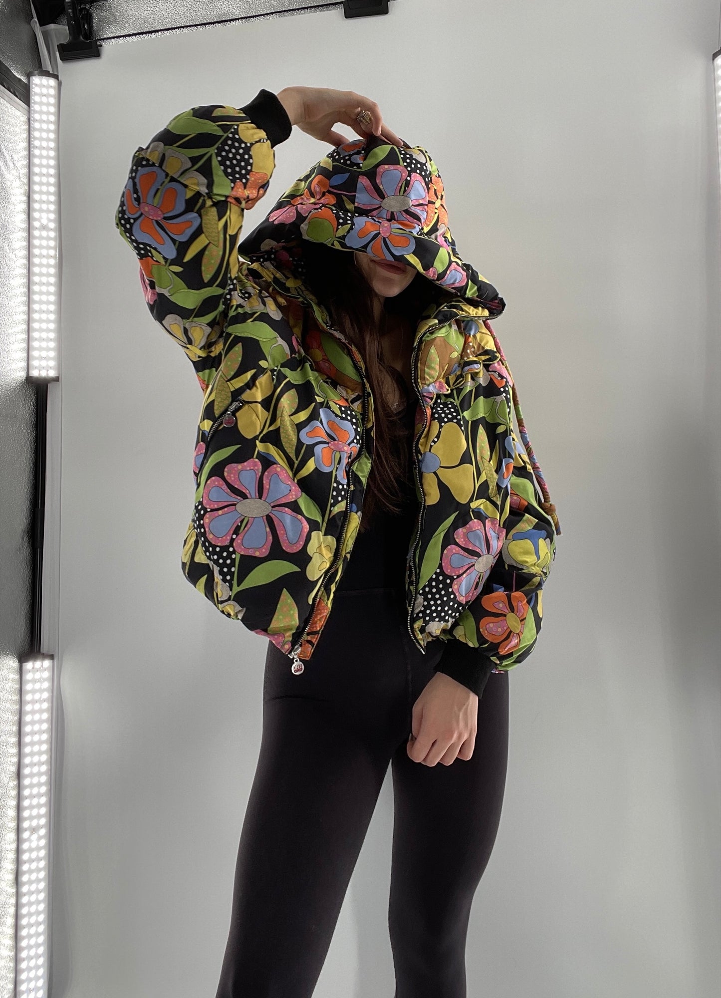 CELIA B Oregon Black Puffer with Contrast Colorful Flowers (Small)