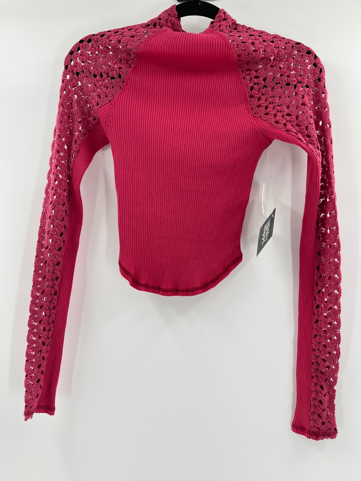 Free People Red Ribbed Knit + Lace Mock Neck (XS)