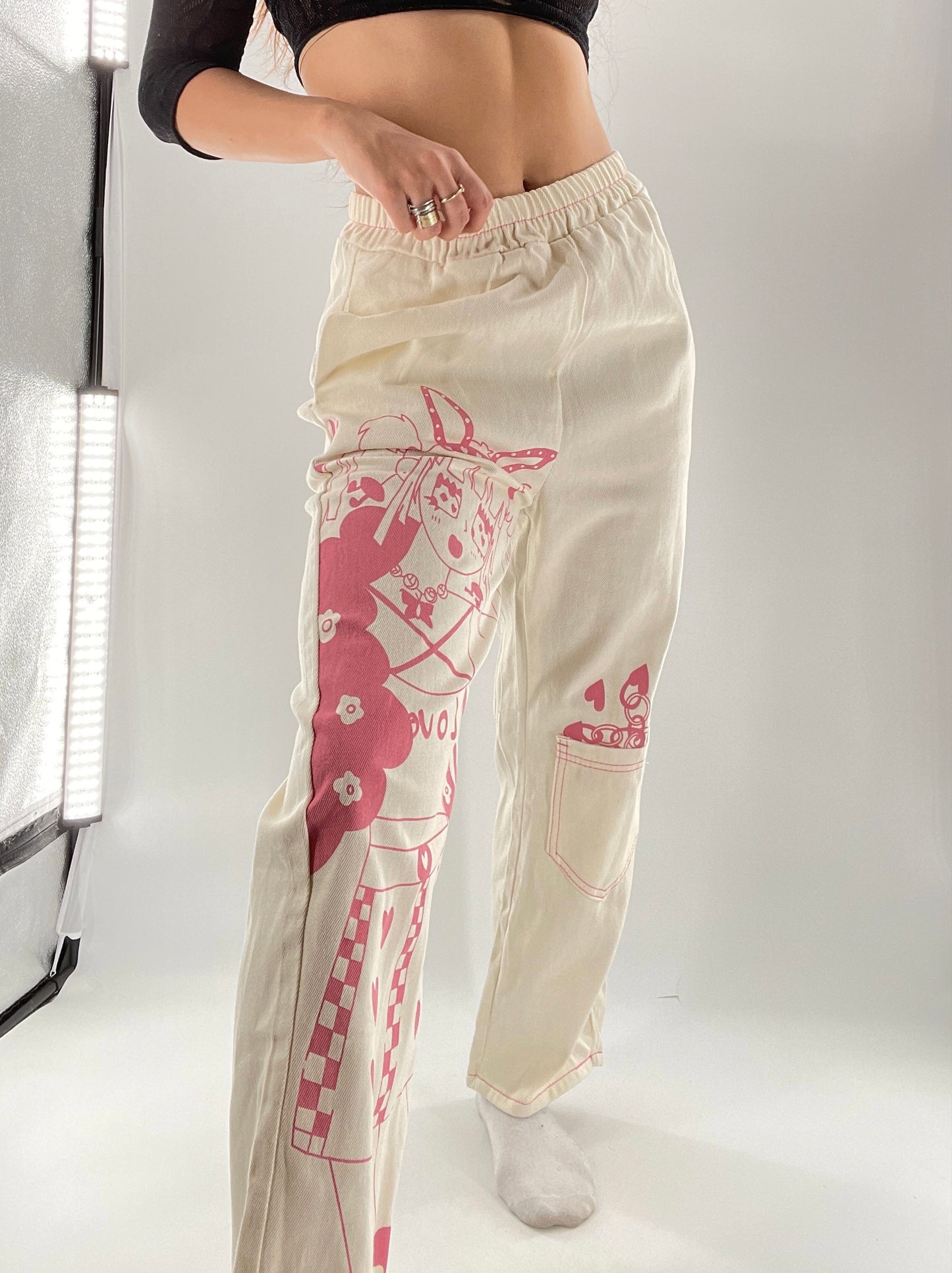 Beige Carpenter Pant with Pocket and Pink Anime Graphic (Medium)