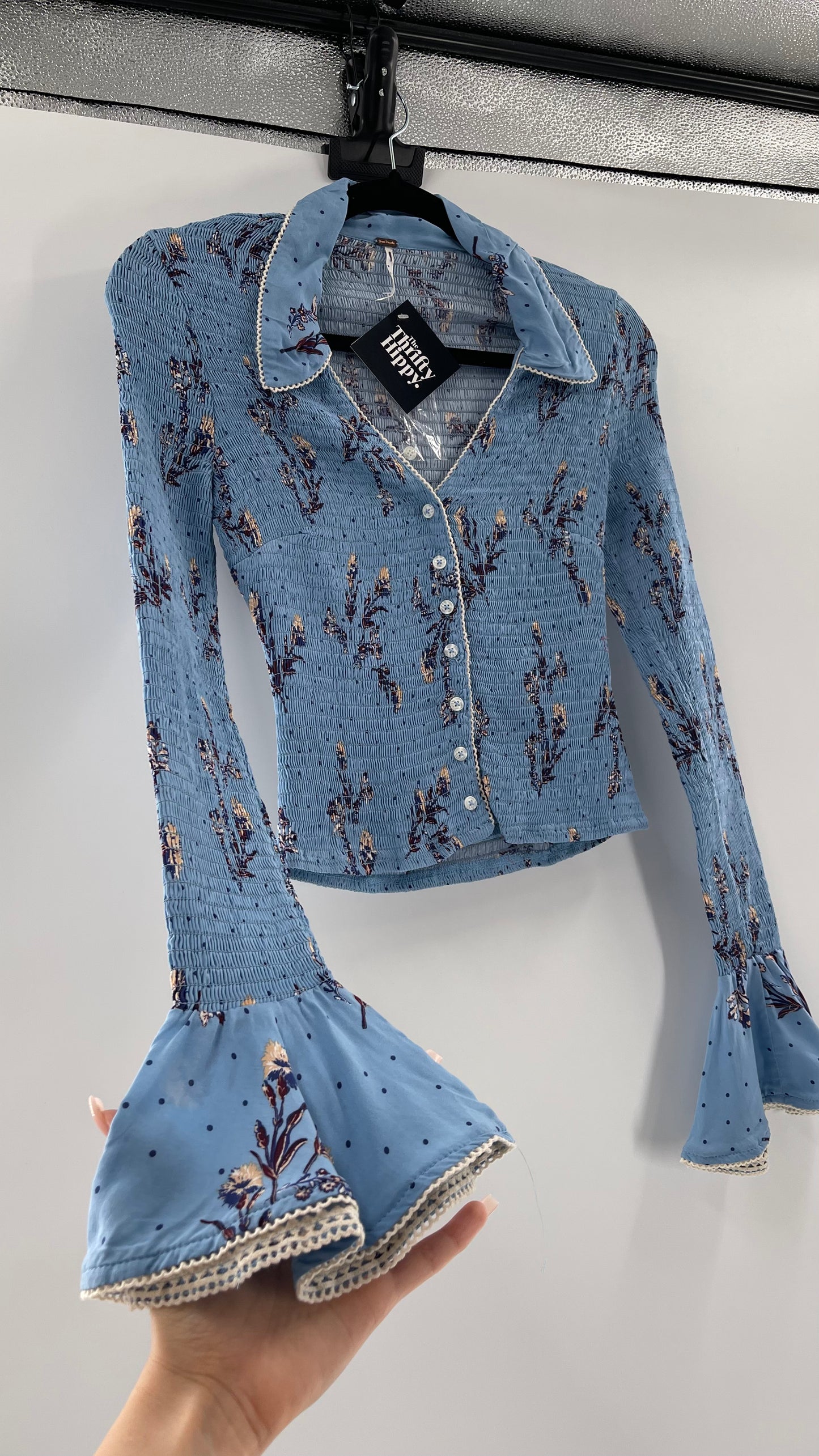 Free People Powder Blue Smocked, Collared, Bell Sleeved, Button Up (XS)