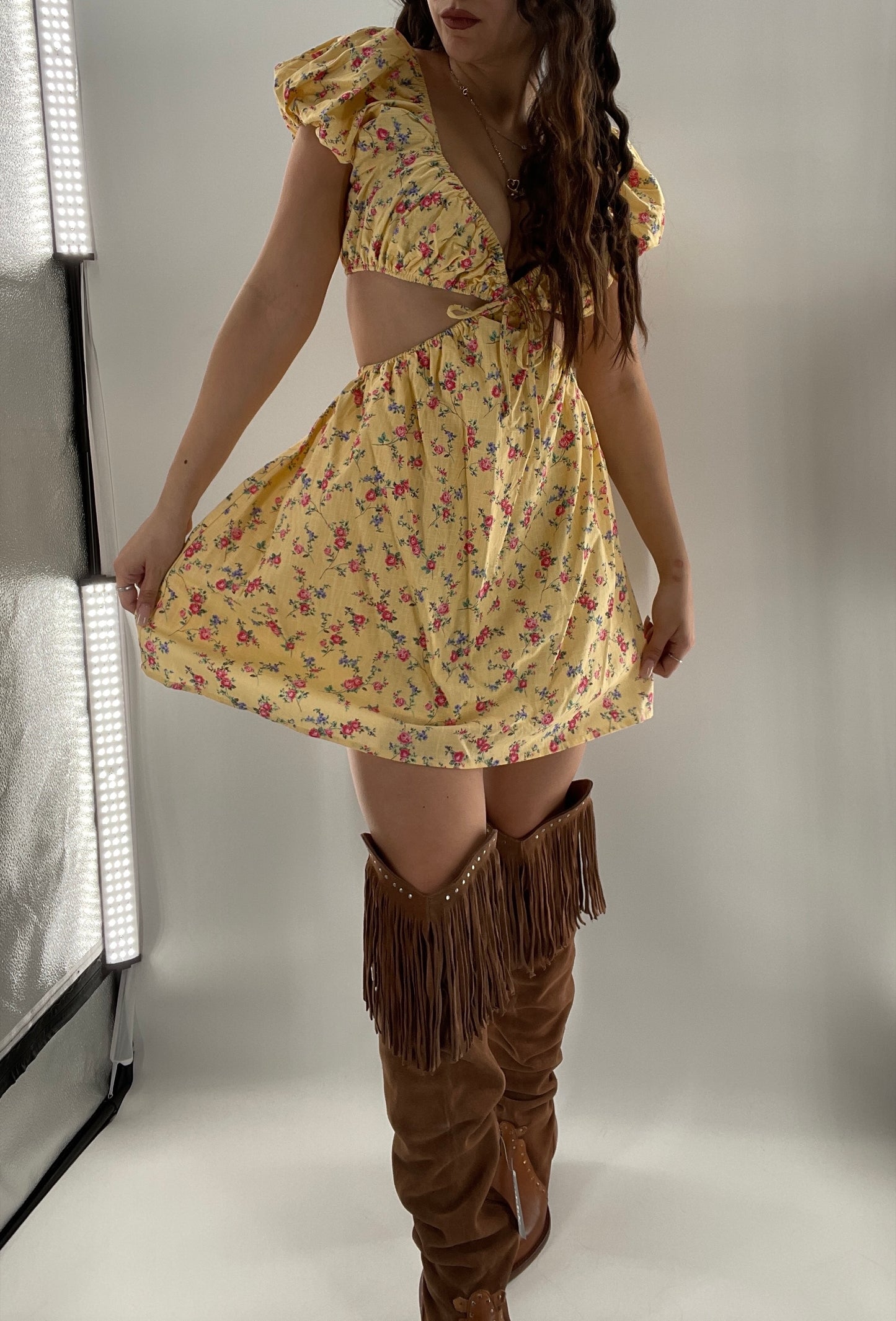 Yellow Cut Out Floral Dress (Small)