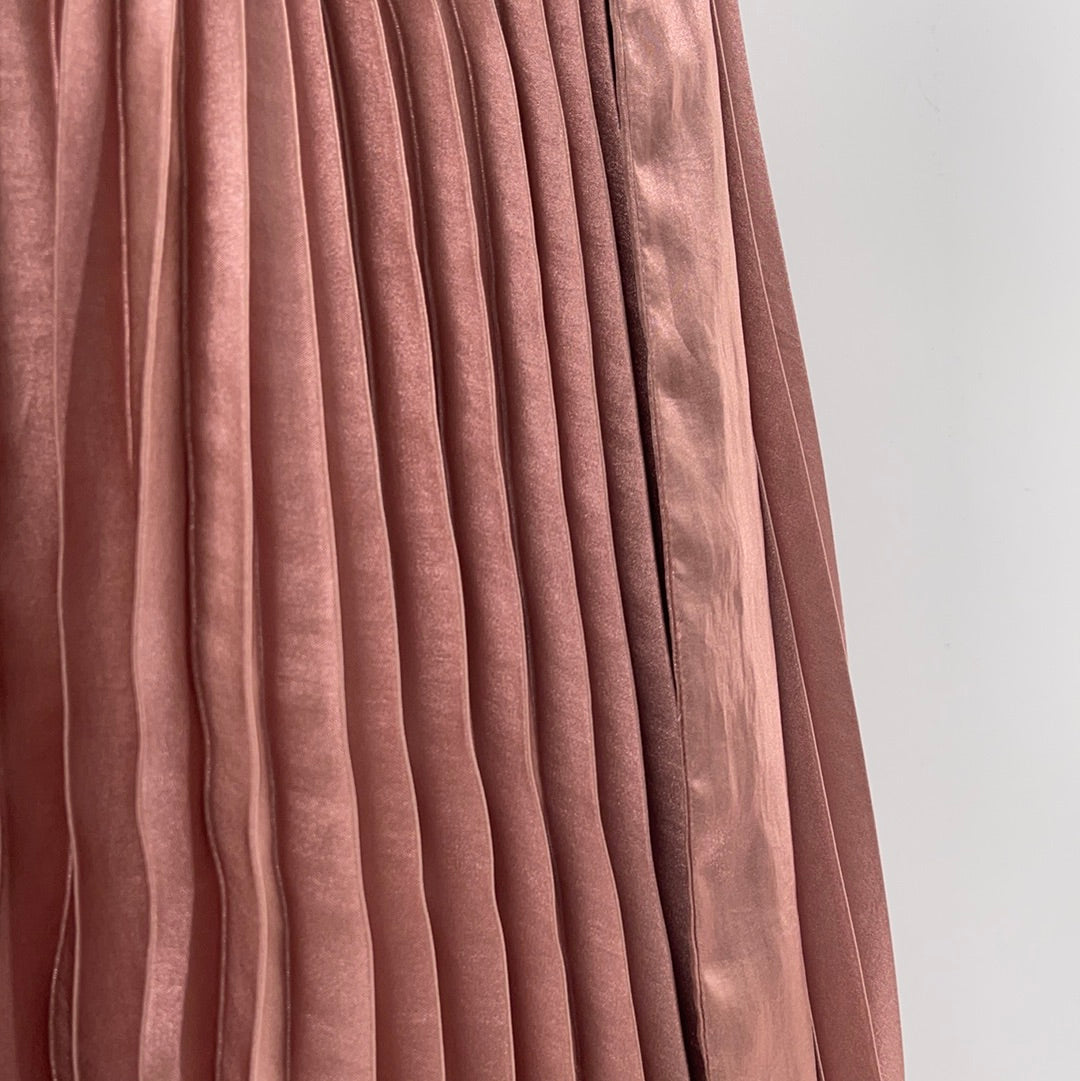 Anthropologie Long Rose Gold Satin Pleated Skirt (Size 12)