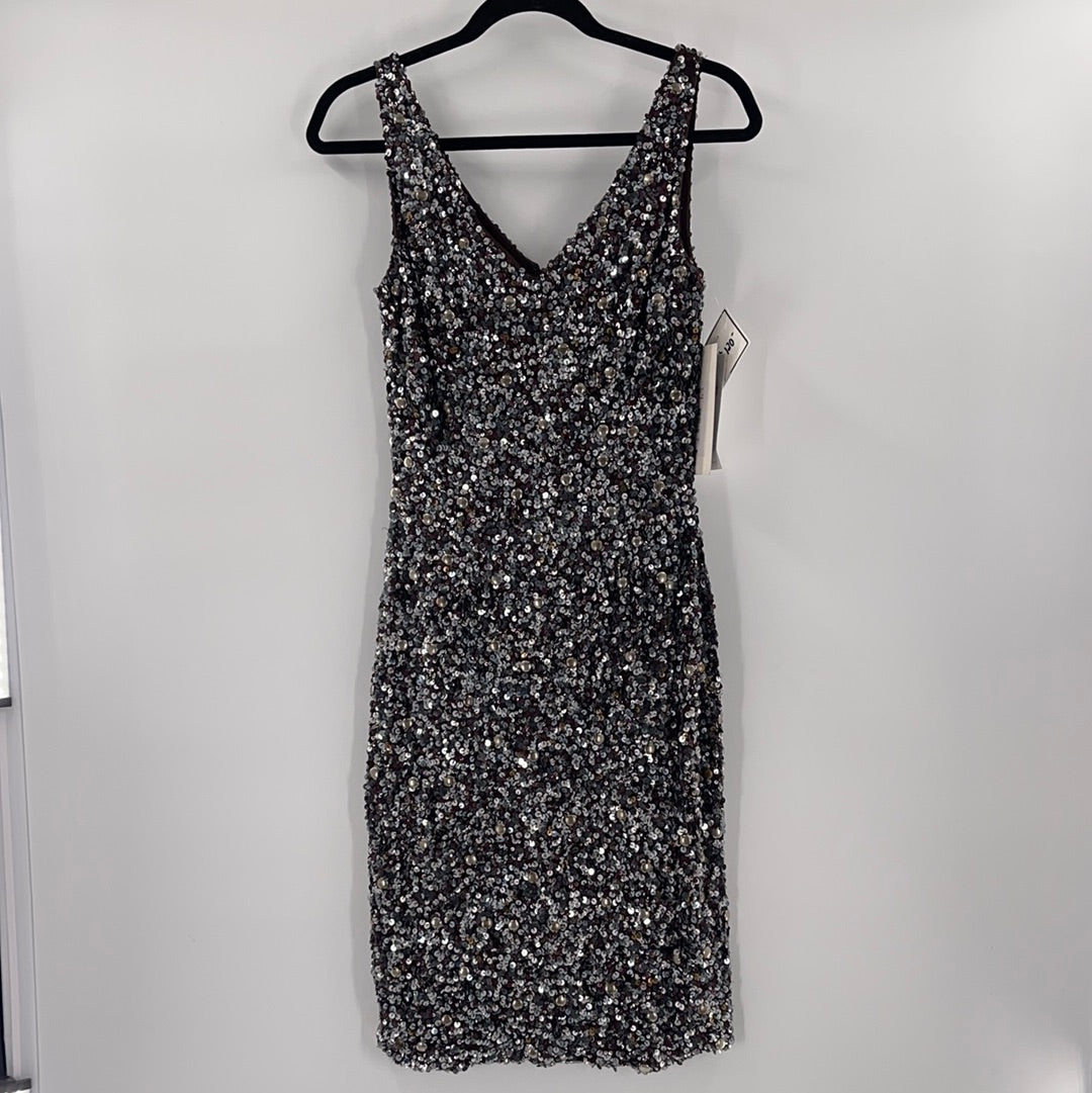 Theia (Vintage With Tag) Sequin and Beaded Mixed Metal Tones Sleeveless V Neck Midi Dress (Size 6)