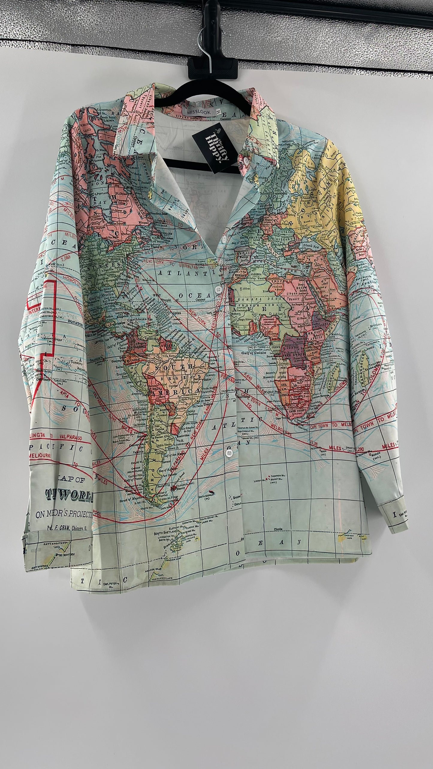 MISSLOOK Globe Map Long Sleeve Graphic Button Up (Medium)