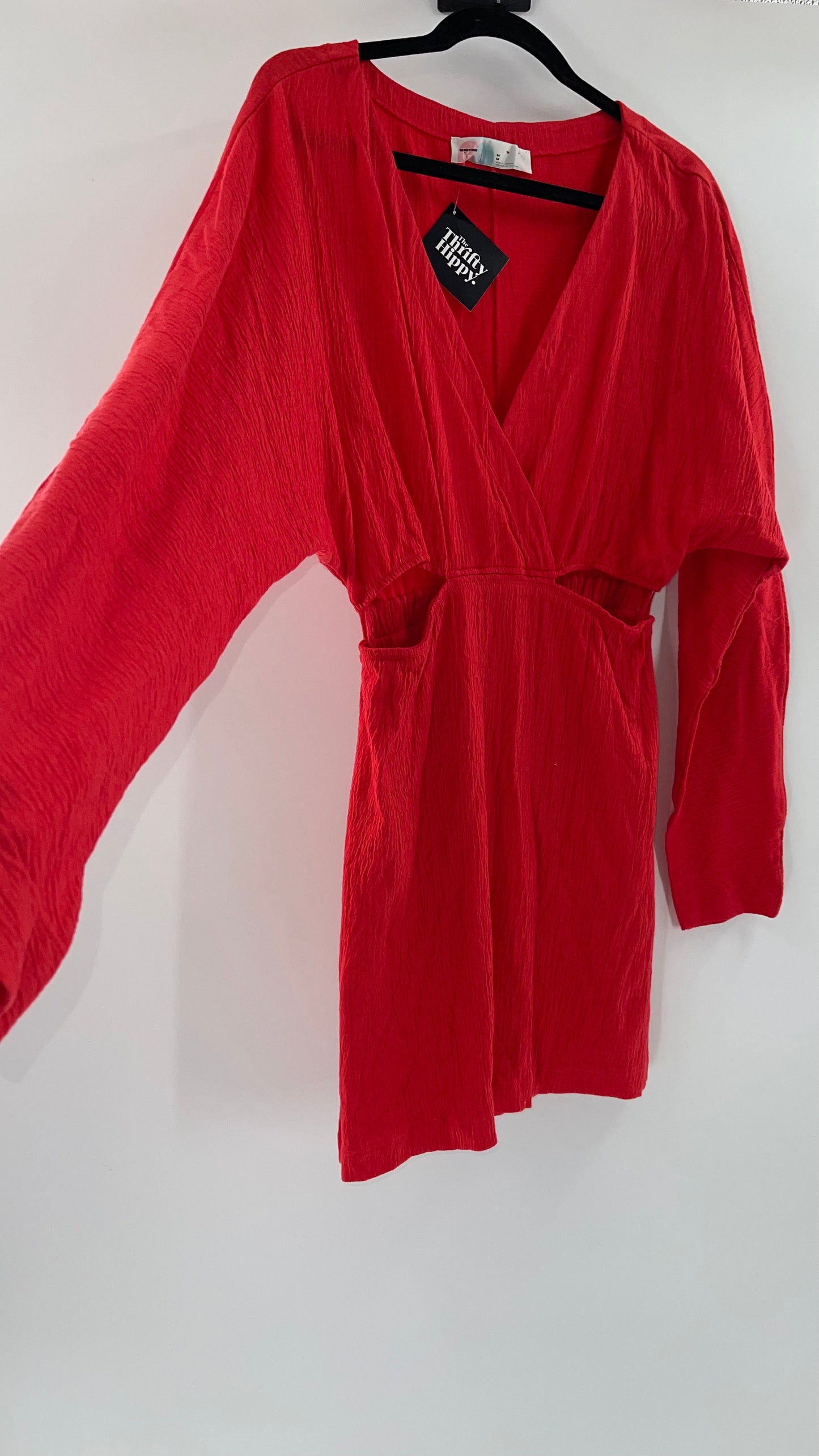 Free People Red Long Sleeve Mini Dress with Cut Outs (Medium)
