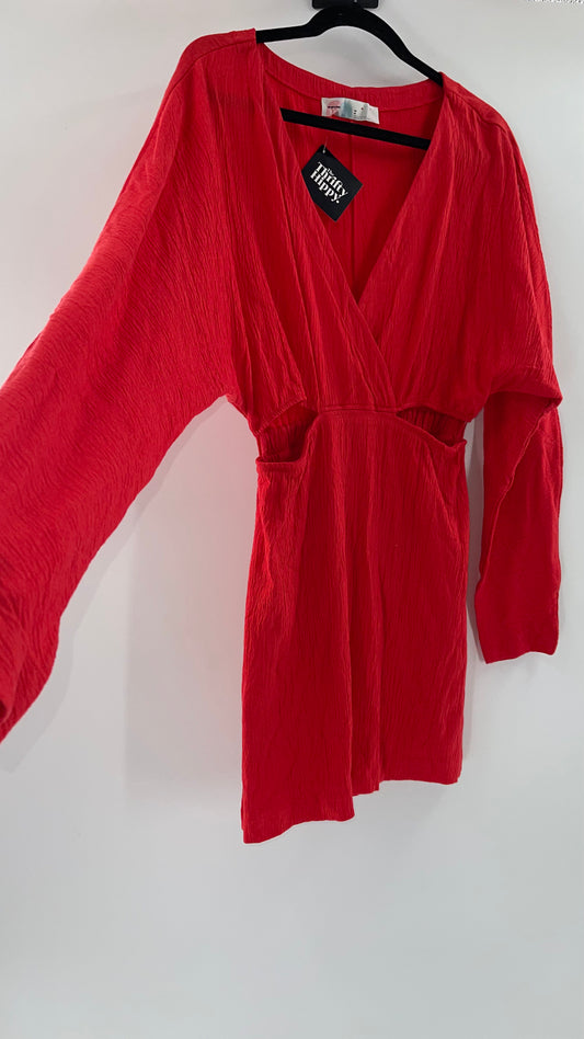 Free People Red Long Sleeve Mini Dress with Cut Outs (Medium)