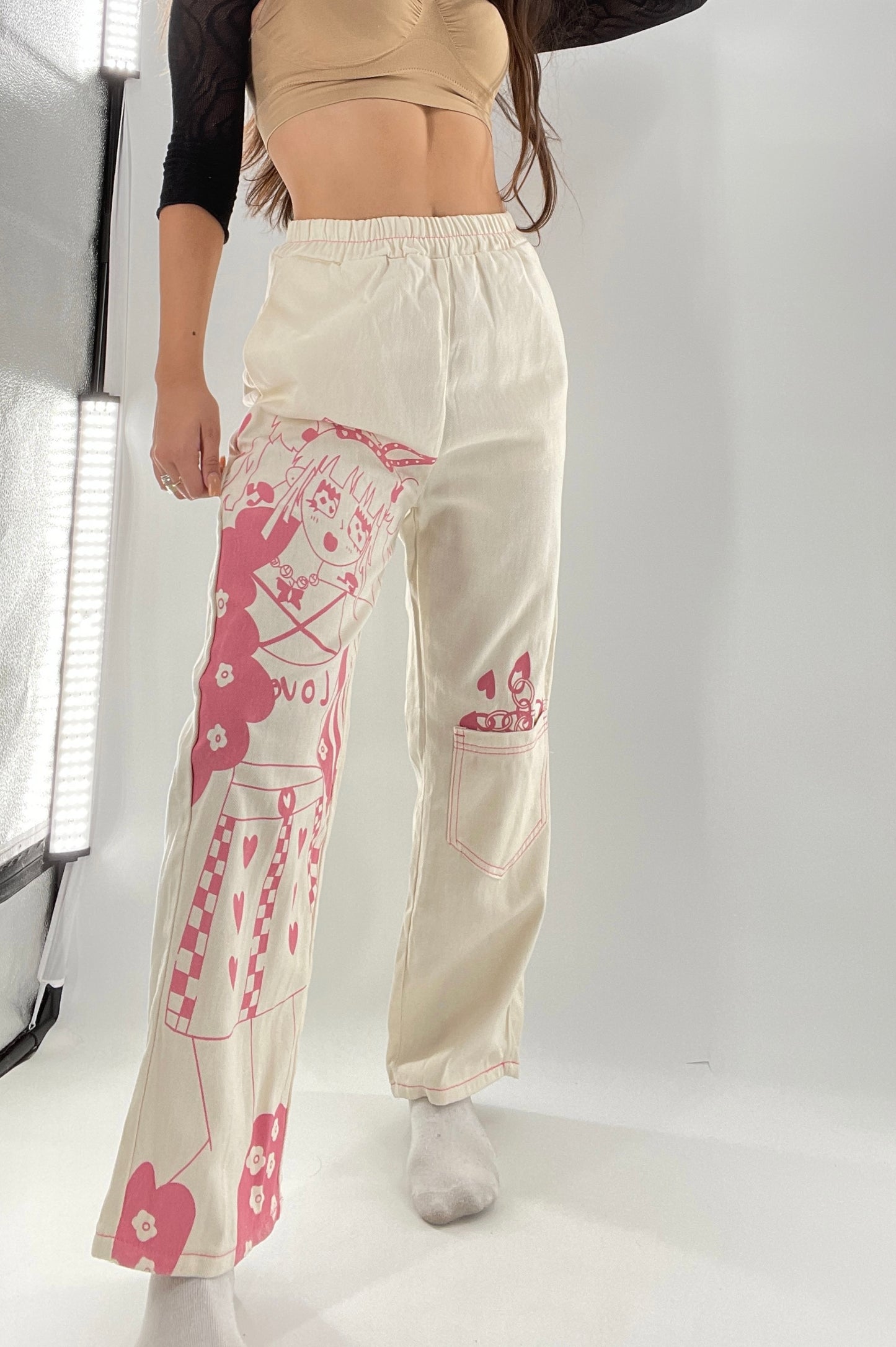 Beige Carpenter Pant with Pocket and Pink Anime Graphic (Medium)
