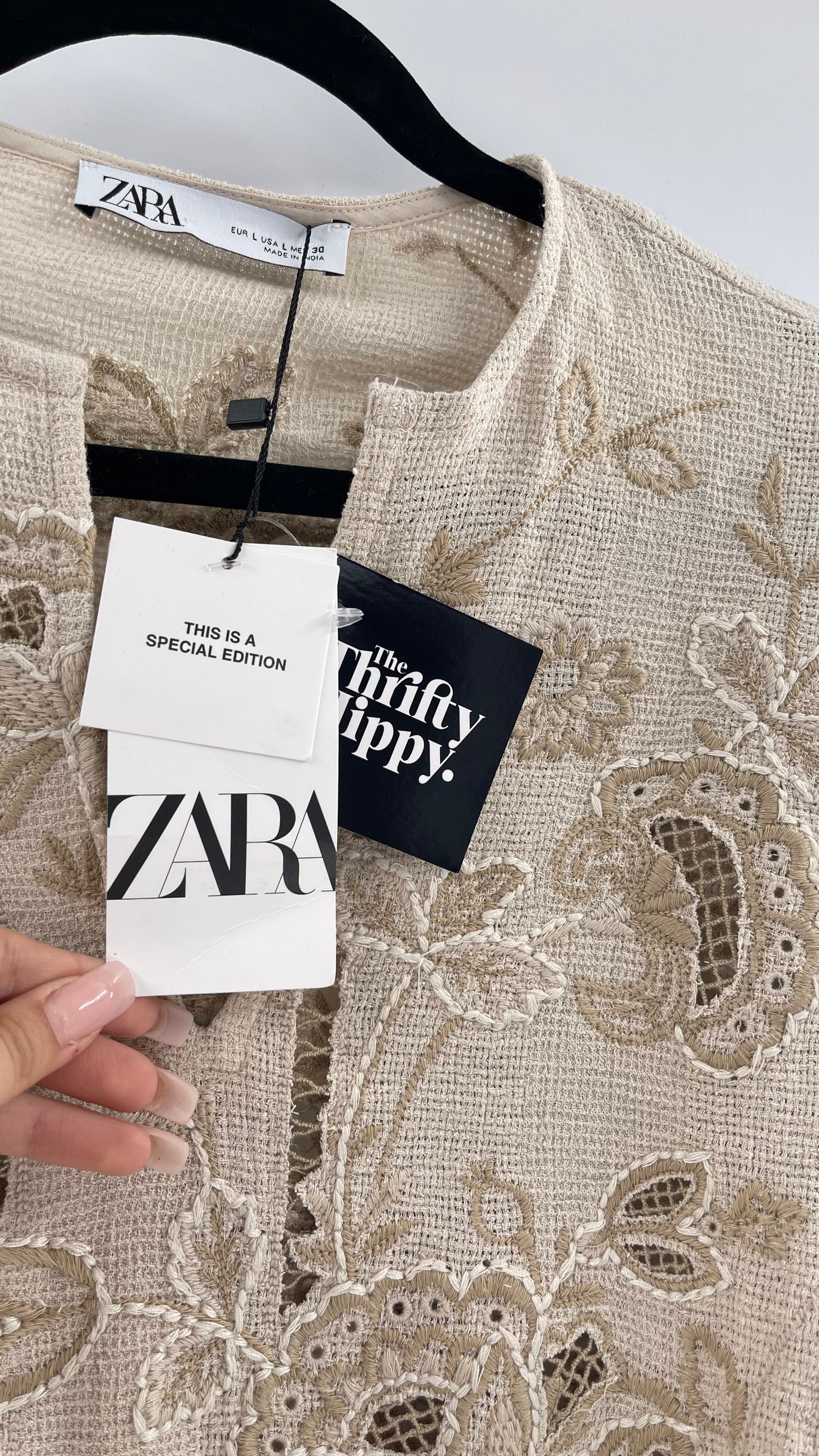 Zara Beige Gauze, Crochet, Embroidered Tunic Blouse (Large)