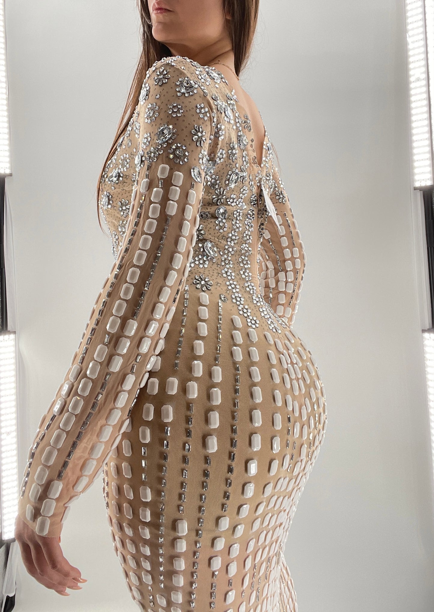 Modified Floor Length Gown Nude Underlay with Crystals and White Jewels (Medium)