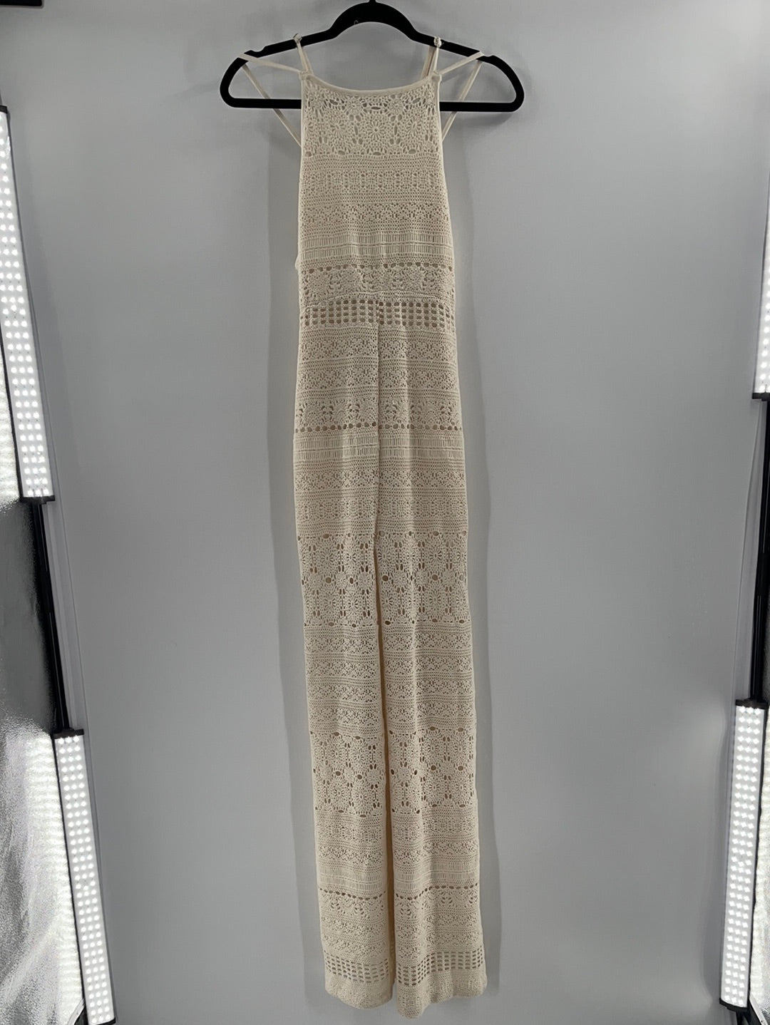 Free People Cream Crocheted Sleeveless Spaghetti Straps Jumpsuit (Size XS)