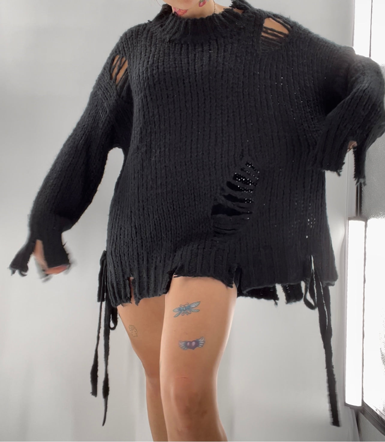 Black Distressed Tie Side Sweater (L)