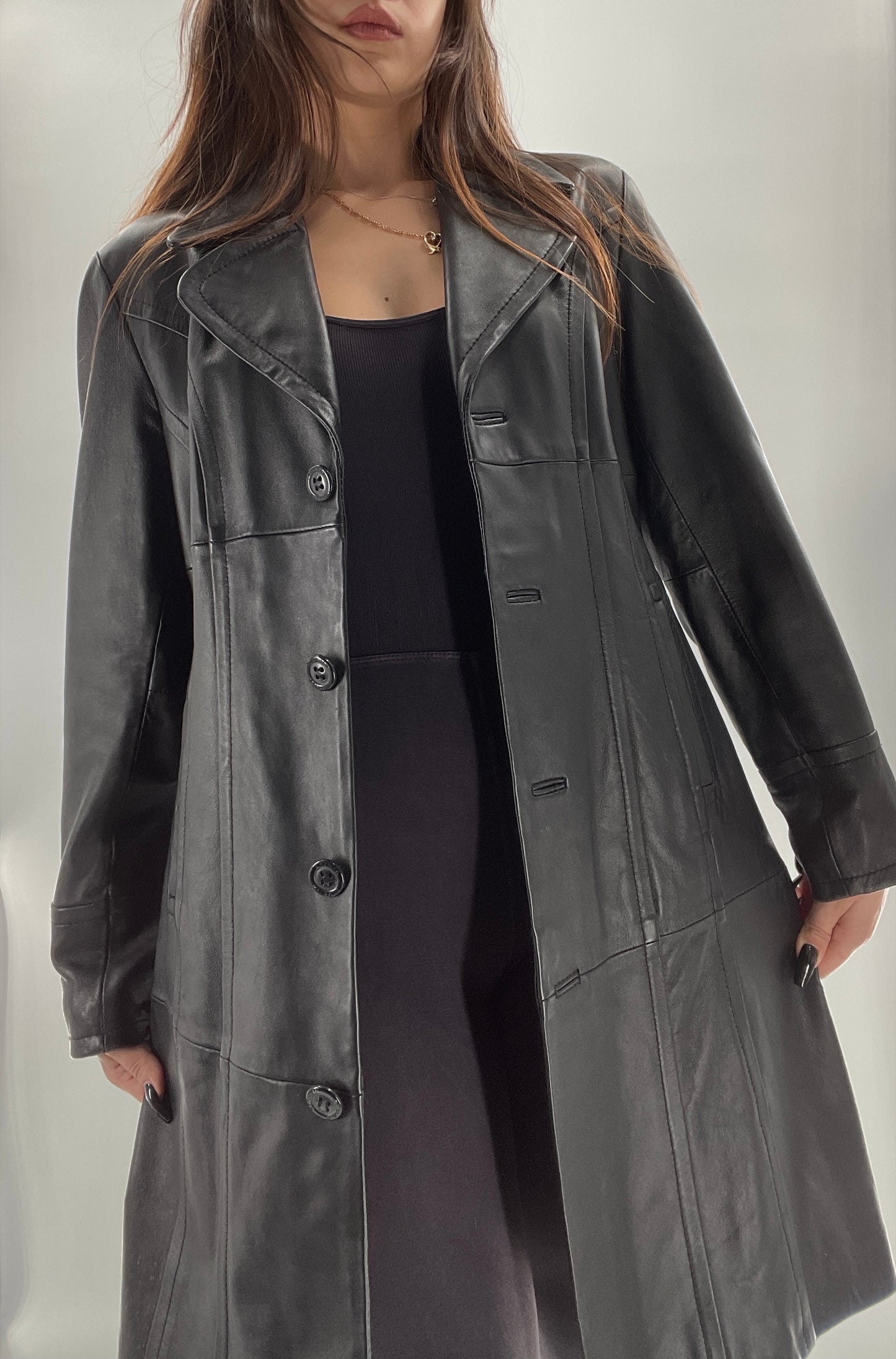 Vintage Black Leather Collared Midi Coat (Small)