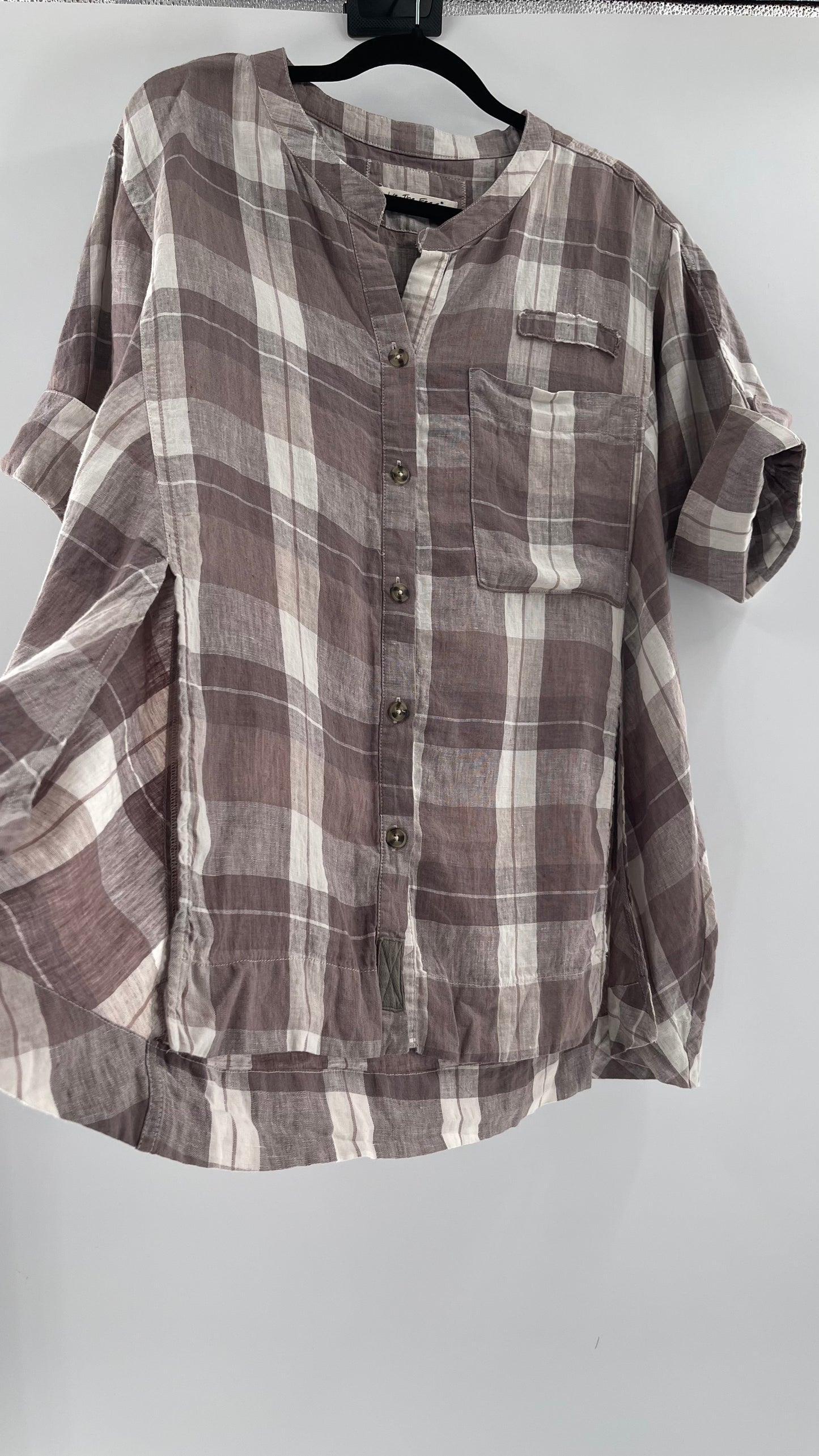 Free People 100% Linen Plaid Grey Short Sleeve (Small)