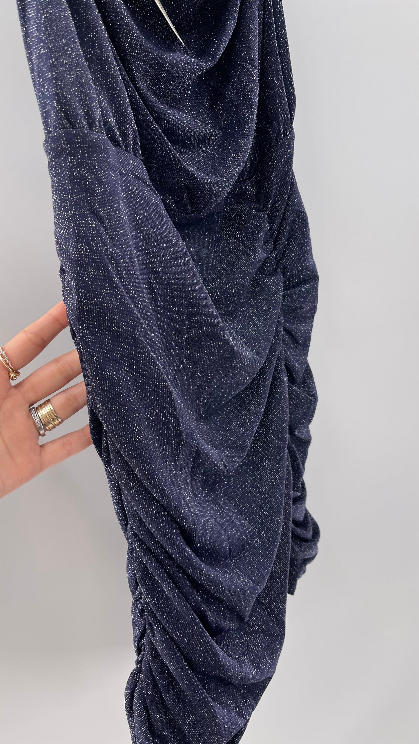 Free People Navy Glitter Ruche Dress (Large)