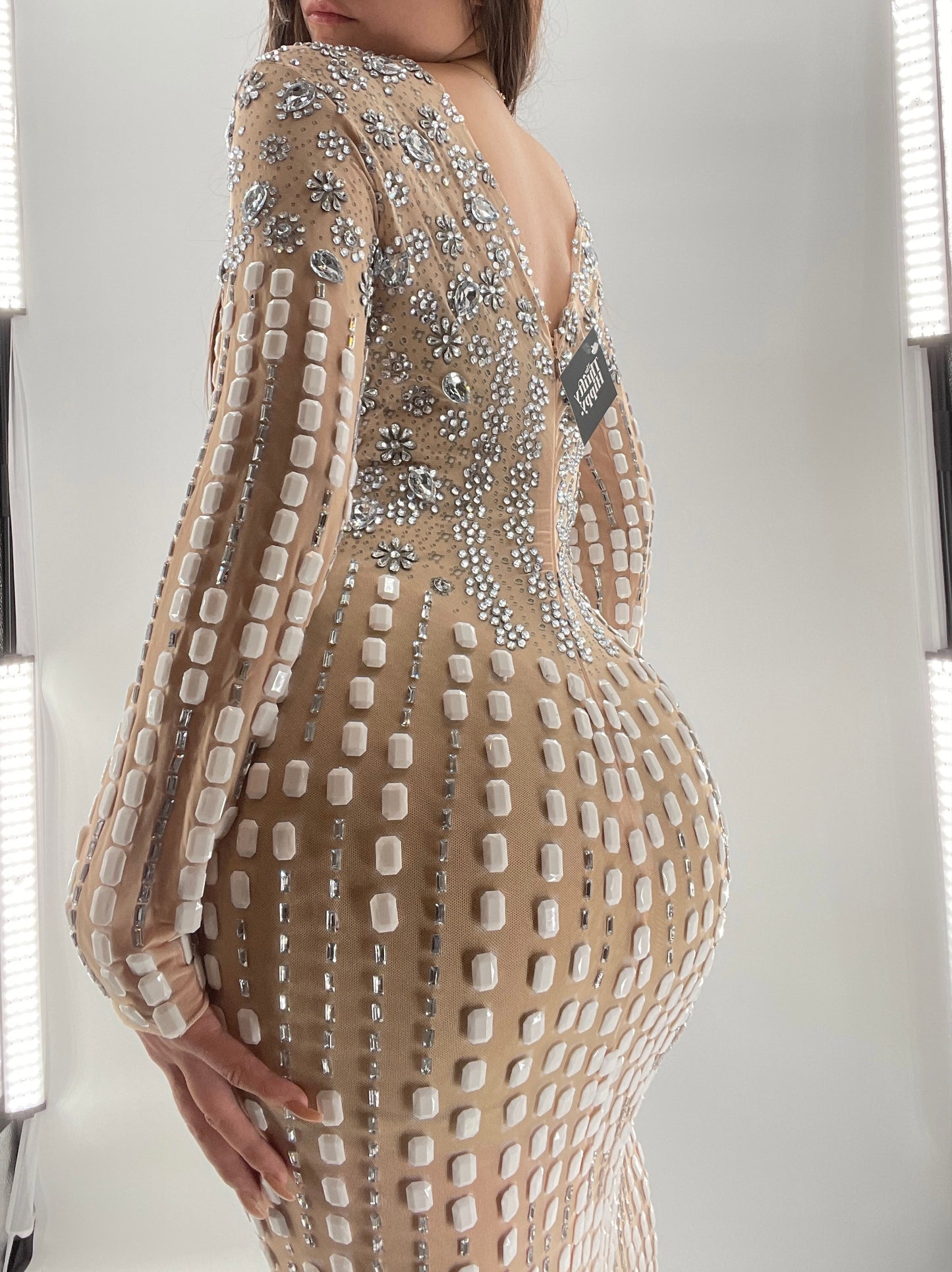 Modified Floor Length Gown Nude Underlay with Crystals and White Jewels (Medium)