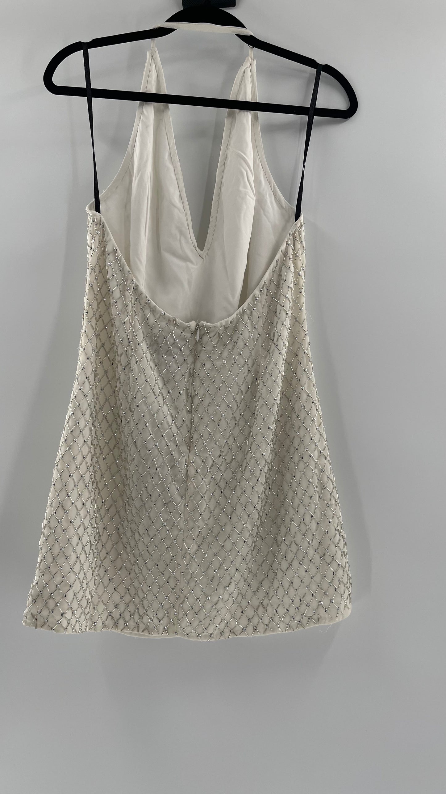 X by NBD White Jack Dress in Ivory Silver Beaded Halter Dress with Tags Attached (Large)