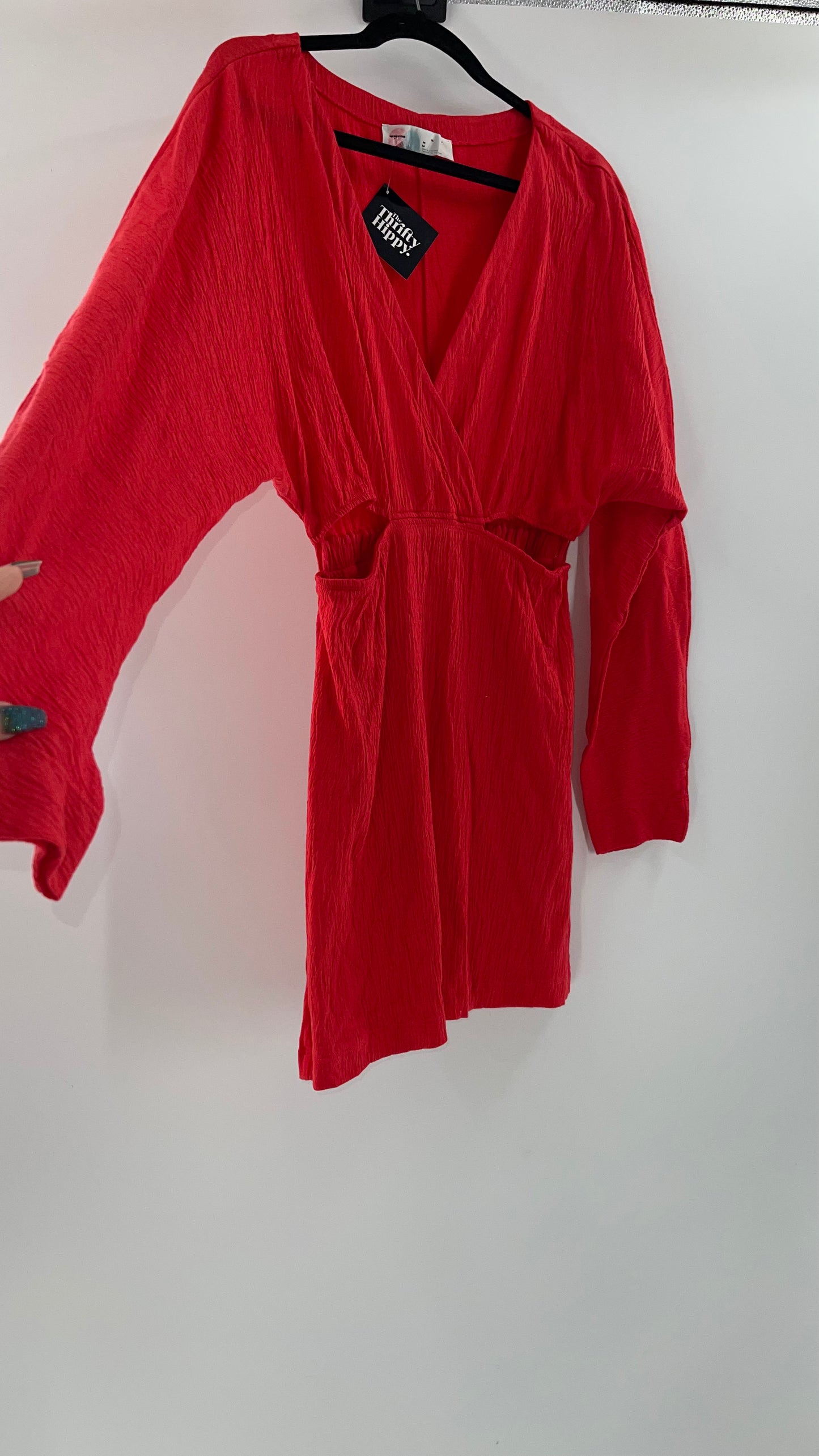 Free People Red Long Sleeve Mini Dress with Cut Outs (Medium)