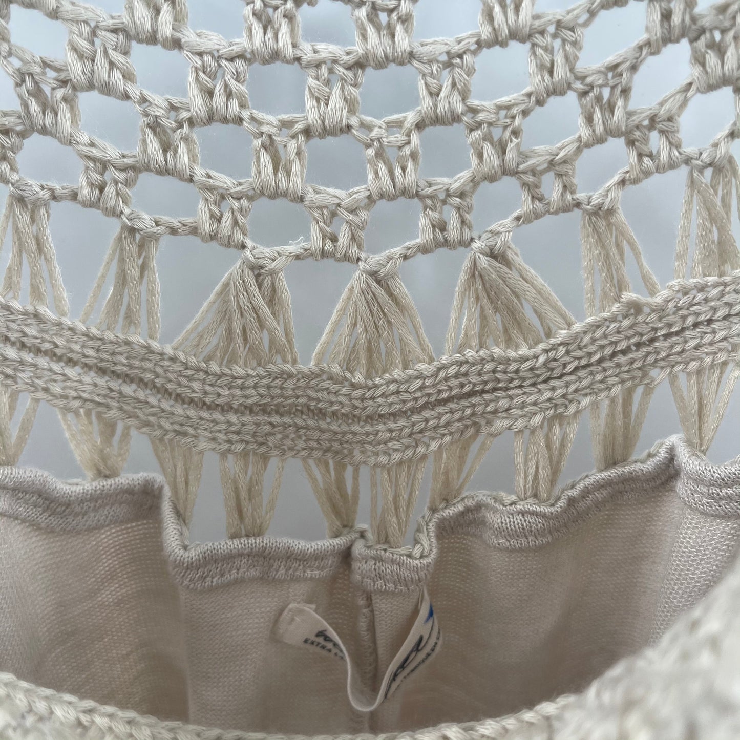 Free People - We The Free - Short Sleeve Light Beige Top with Crochet and Macrame Details on Neckline (Size XL)