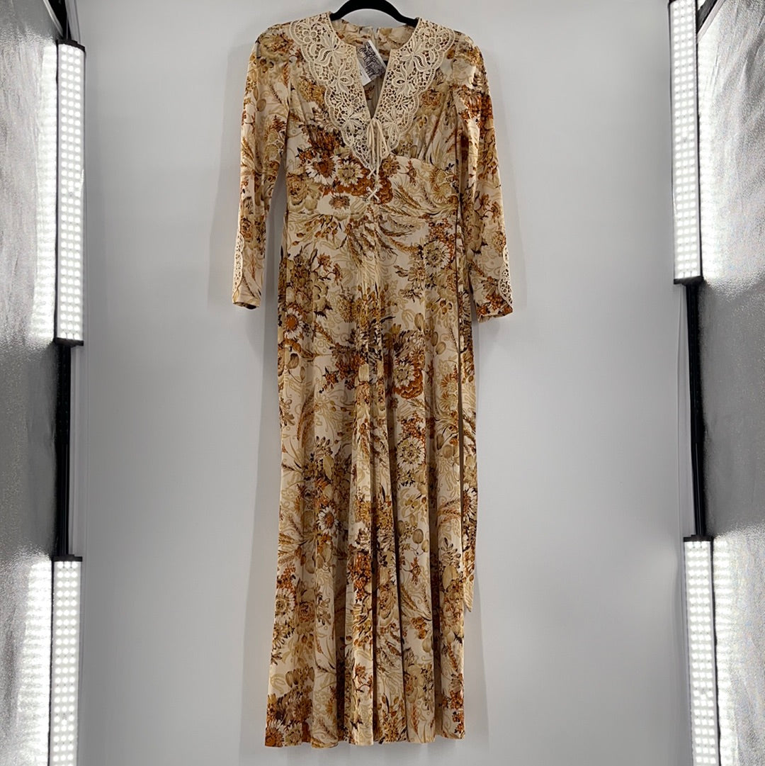 Genuine 70's Prairie Yellow Flower Patterned Midi Dress (Vintage Size 9/XS)