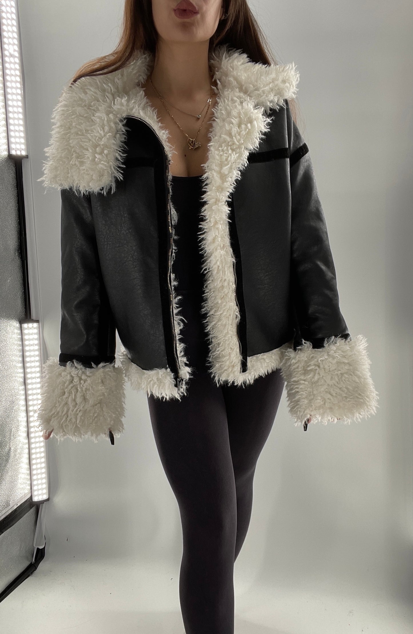 LIONESS Phoenix Jacket Black Faux Leather White Fur Trim (XS)