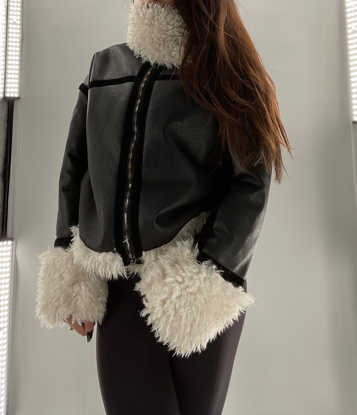 LIONESS Phoenix Jacket Black Faux Leather White Fur Trim (XS)