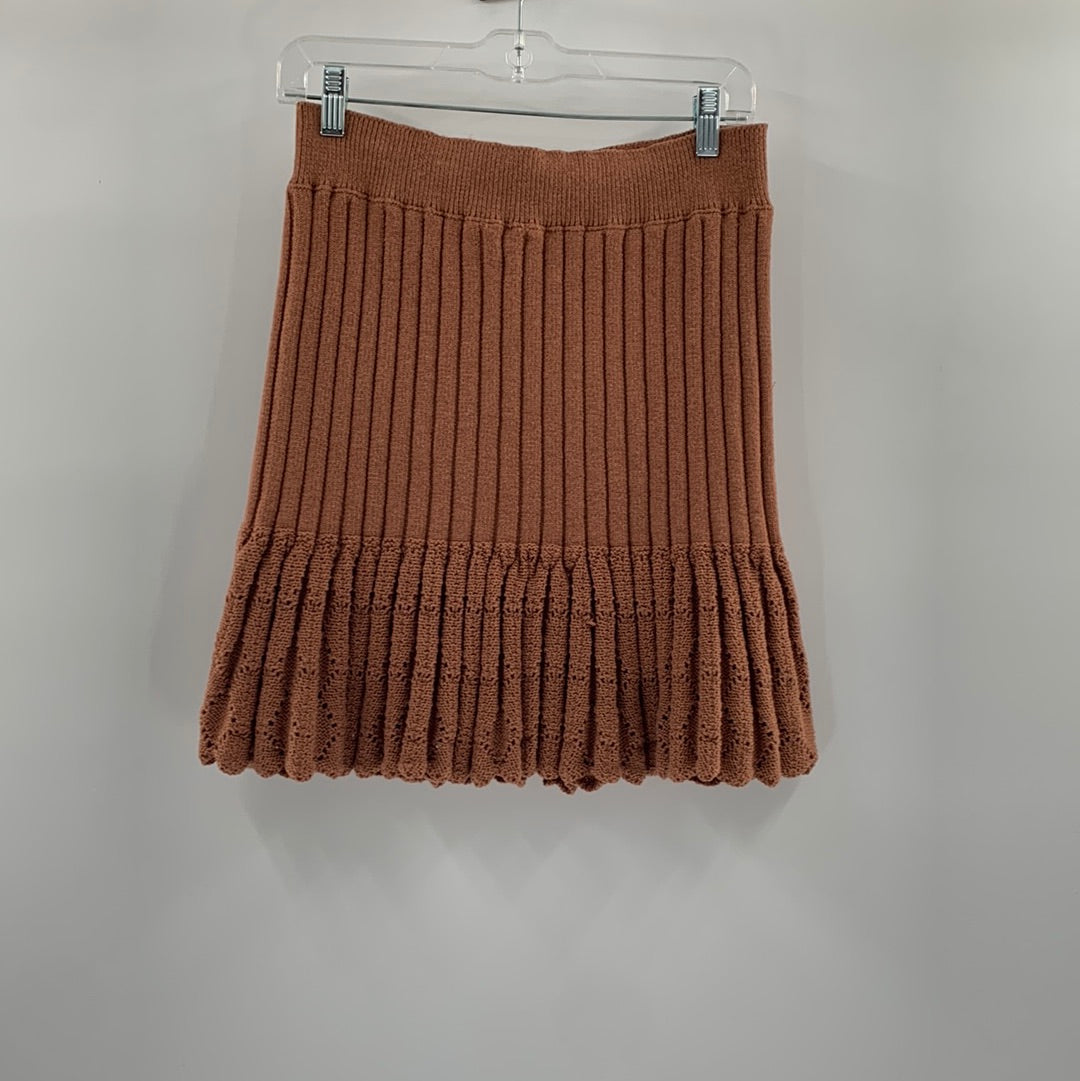Free People Ribbed Knit Brown Mini Skirt with Perforated Argyle Hem Detail (Size M)