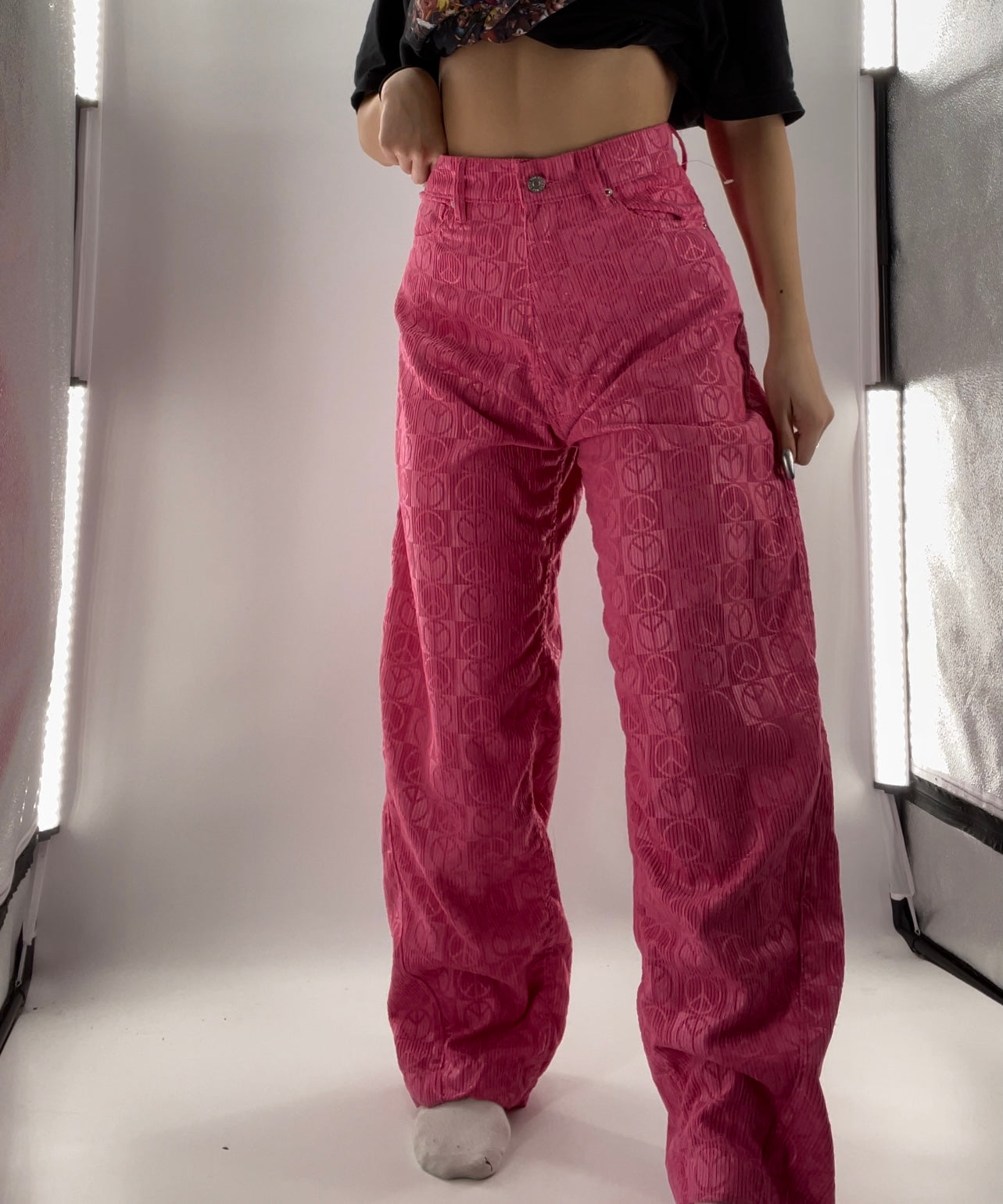 BDG Hot Pink Checkered Peace Sign Wide Legs (27)