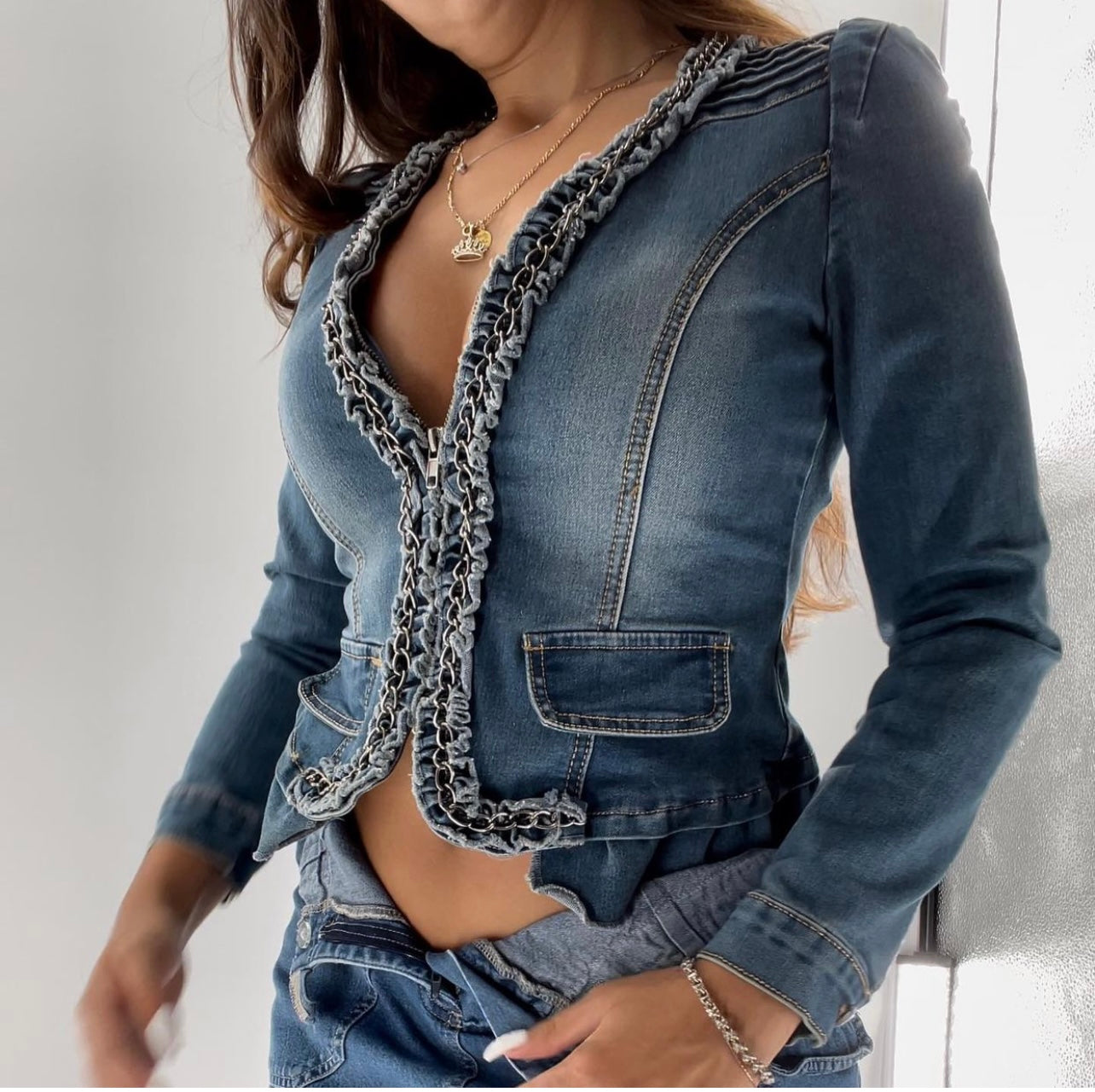 Flowers Miss  Vintage Denim Jacket Denim aLong Sleeve Jacket Size M