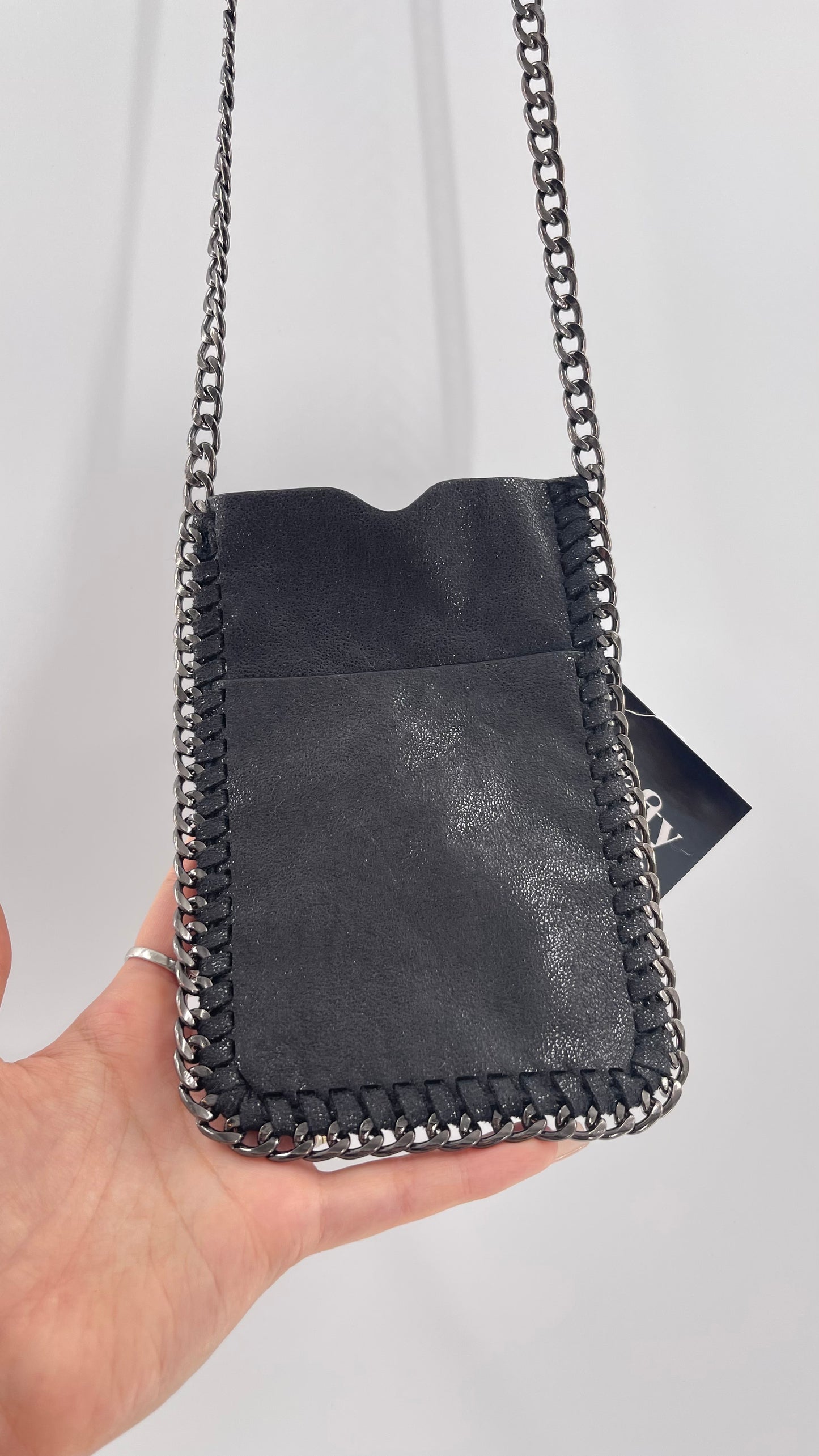 Metallic Black Leather Chain Lined Phone Pouch