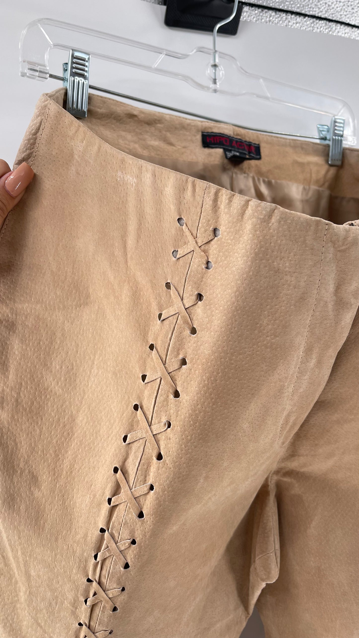 Vintage HYPOACTIVE Tan Leather Lace Up Plus Size Flare Pants (22W)