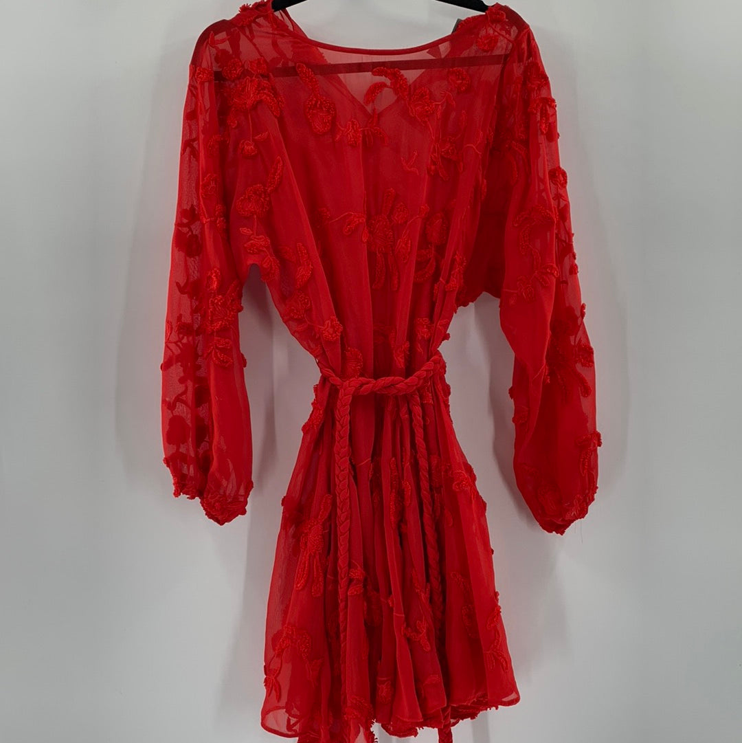 Mare Mare - Red Mesh Embroidered Flower Mini Dress