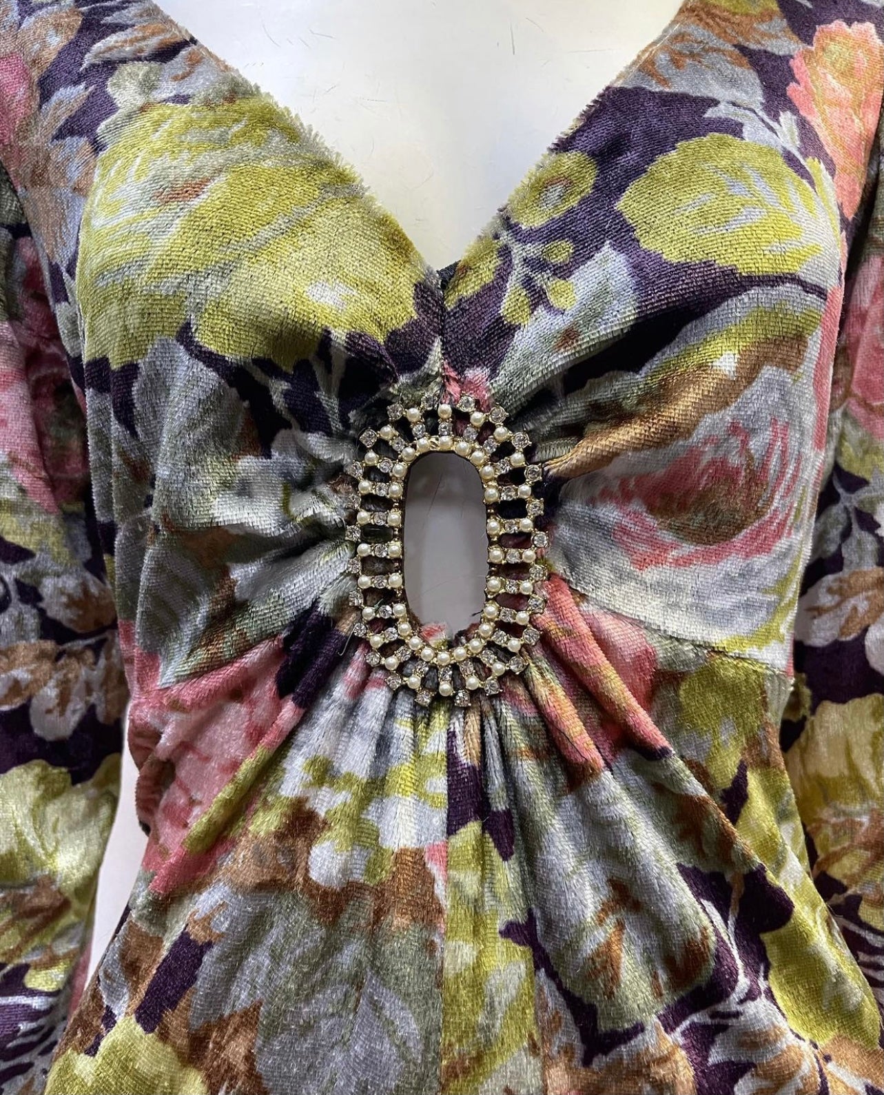 Workers Union (Vintage) Handmade Flowered Velour With Rhinestone Broche Maxi Dress (Sized M)