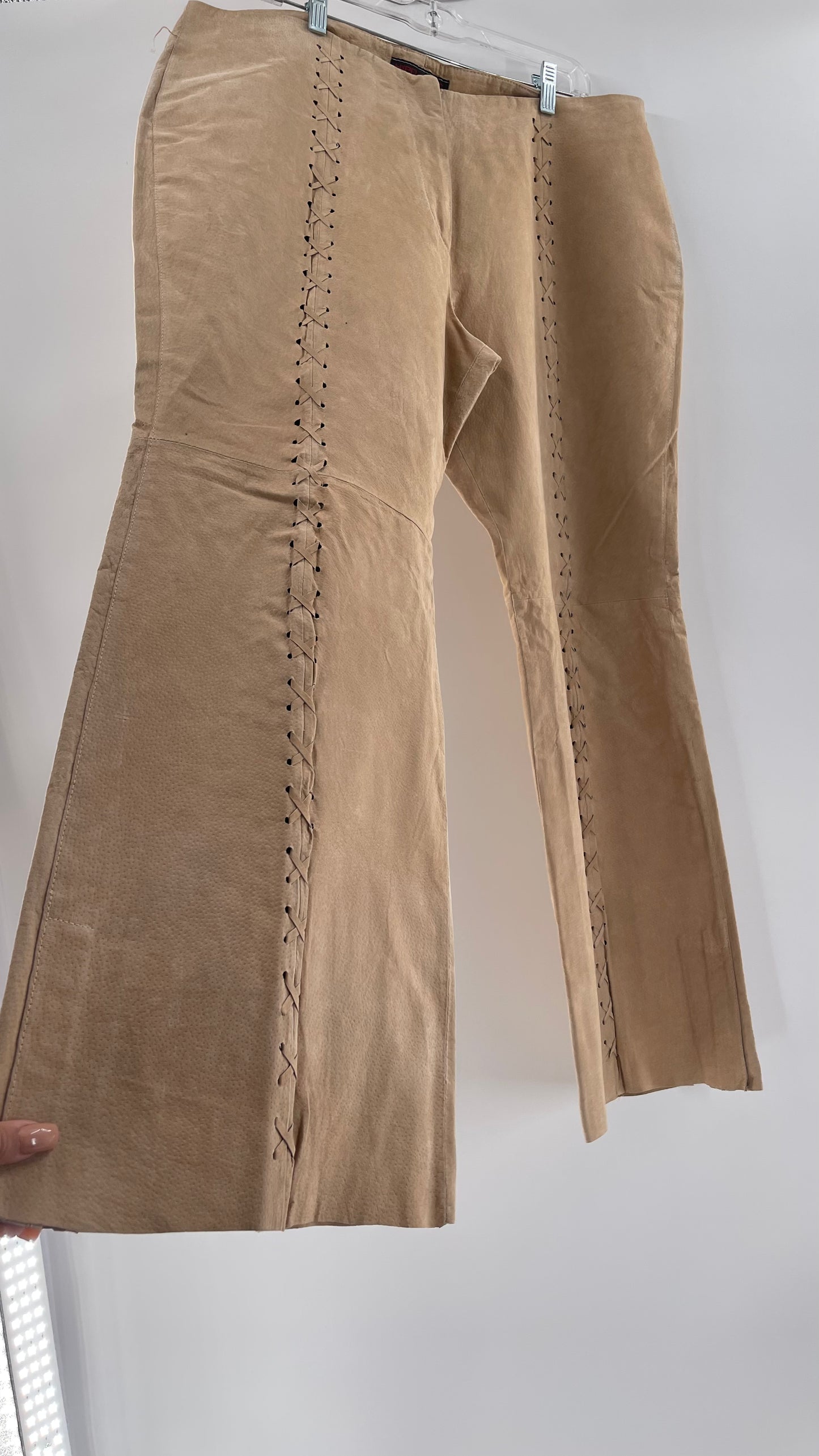 Vintage HYPOACTIVE Tan Leather Lace Up Plus Size Flare Pants (22W)