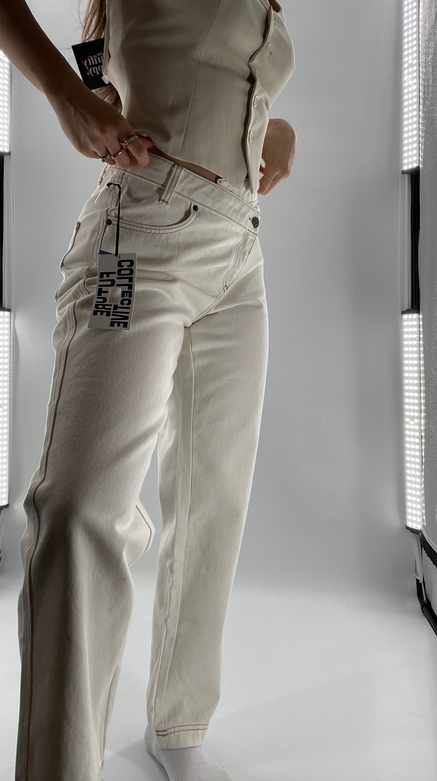 Future Collective Beige Mid Rise Tapered Leg Jeans Assymetric Waistline (4)