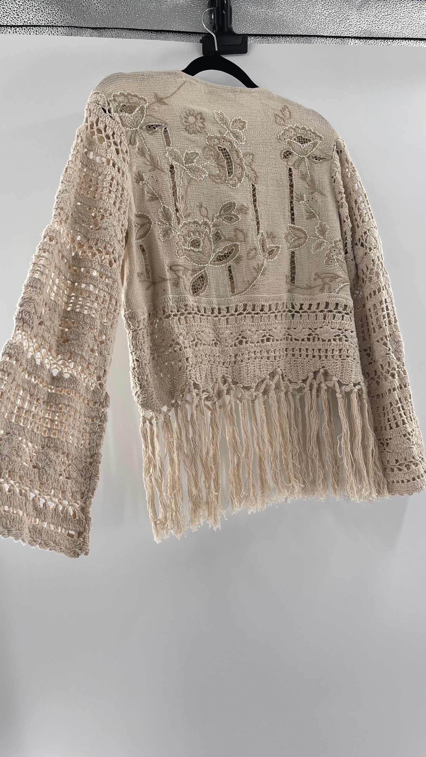 Zara Beige Gauze, Crochet, Embroidered Tunic Blouse (Large)