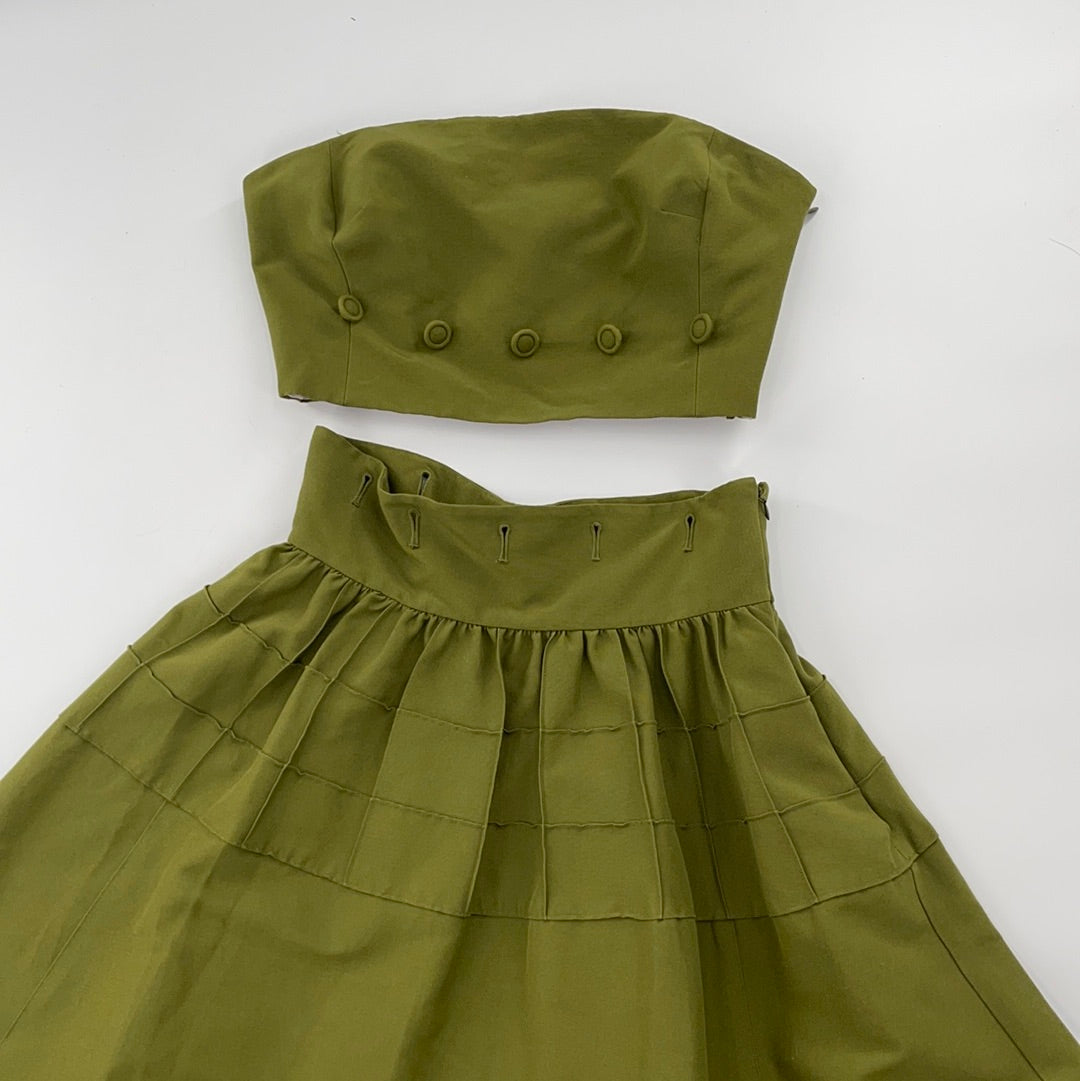Maeve - Anthropologie Strapless Oliver Green Pleated MIDI Dress - Buttoned Under Breast- Could Separate and Make a 2 Piece Set - (Size 4)