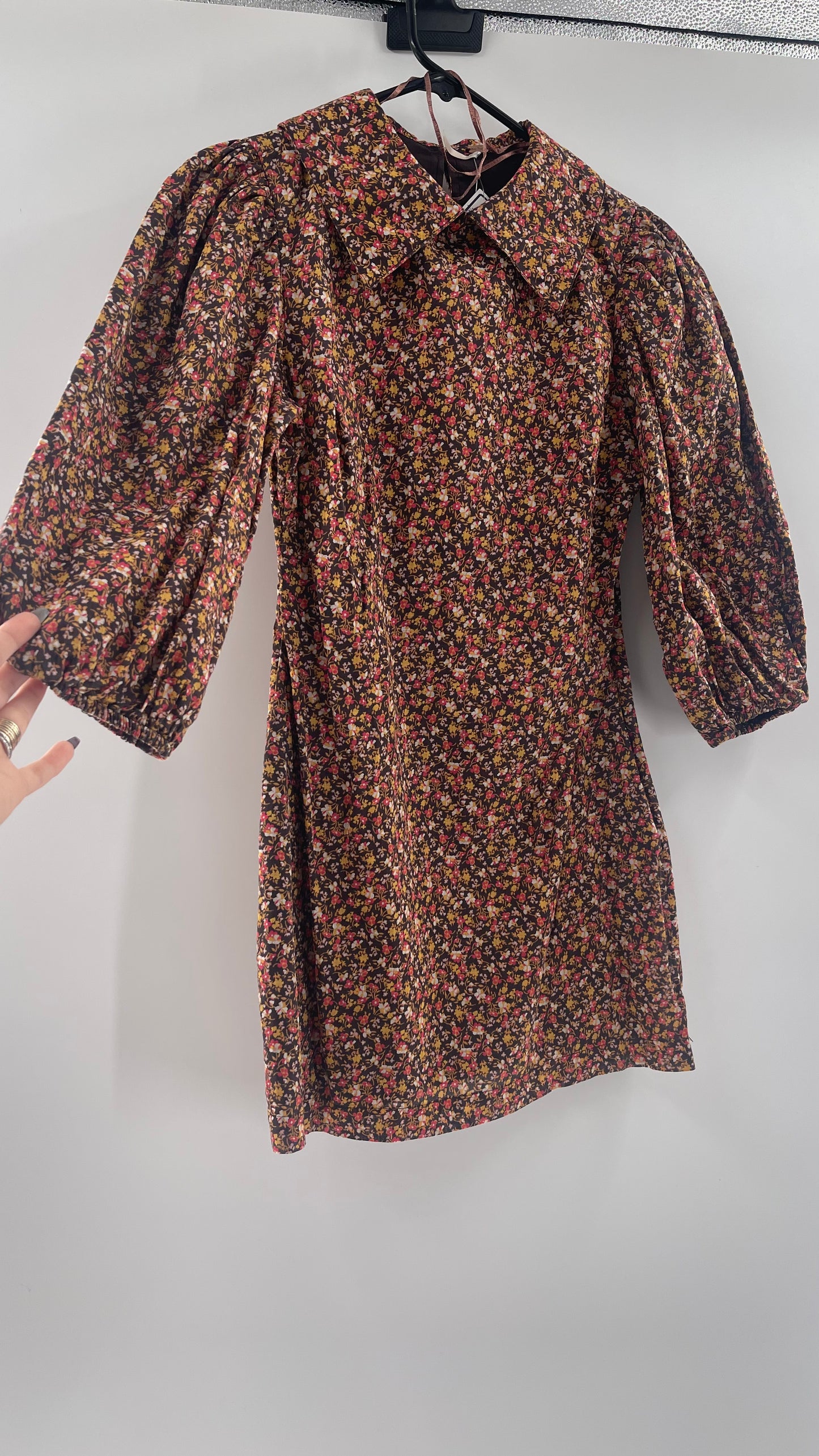 Free People Flowered Brown Print Ballon Sleeve Mini Dress With Collar (Size 2)