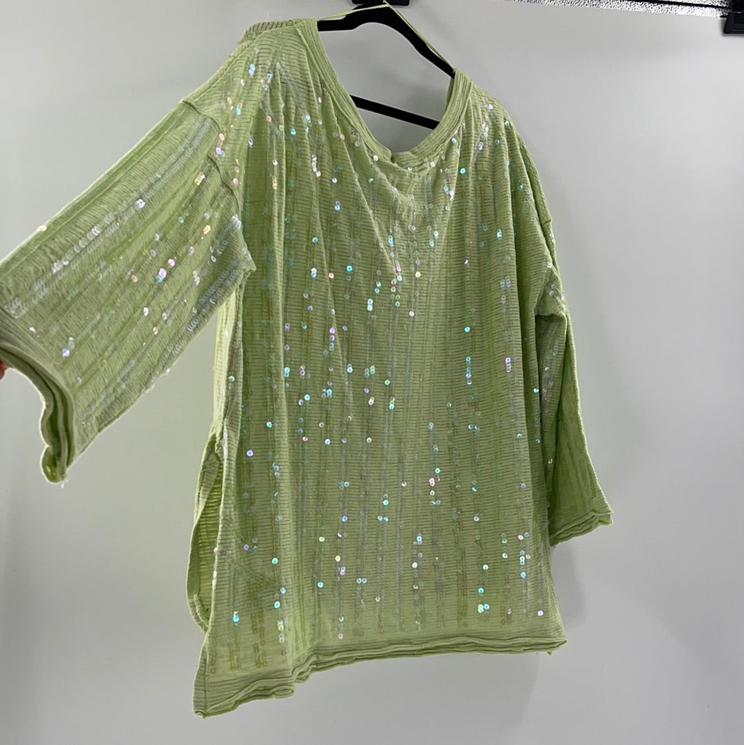Free People Lime Green with Iridescent Sequin High Low Sweater (Size Small)