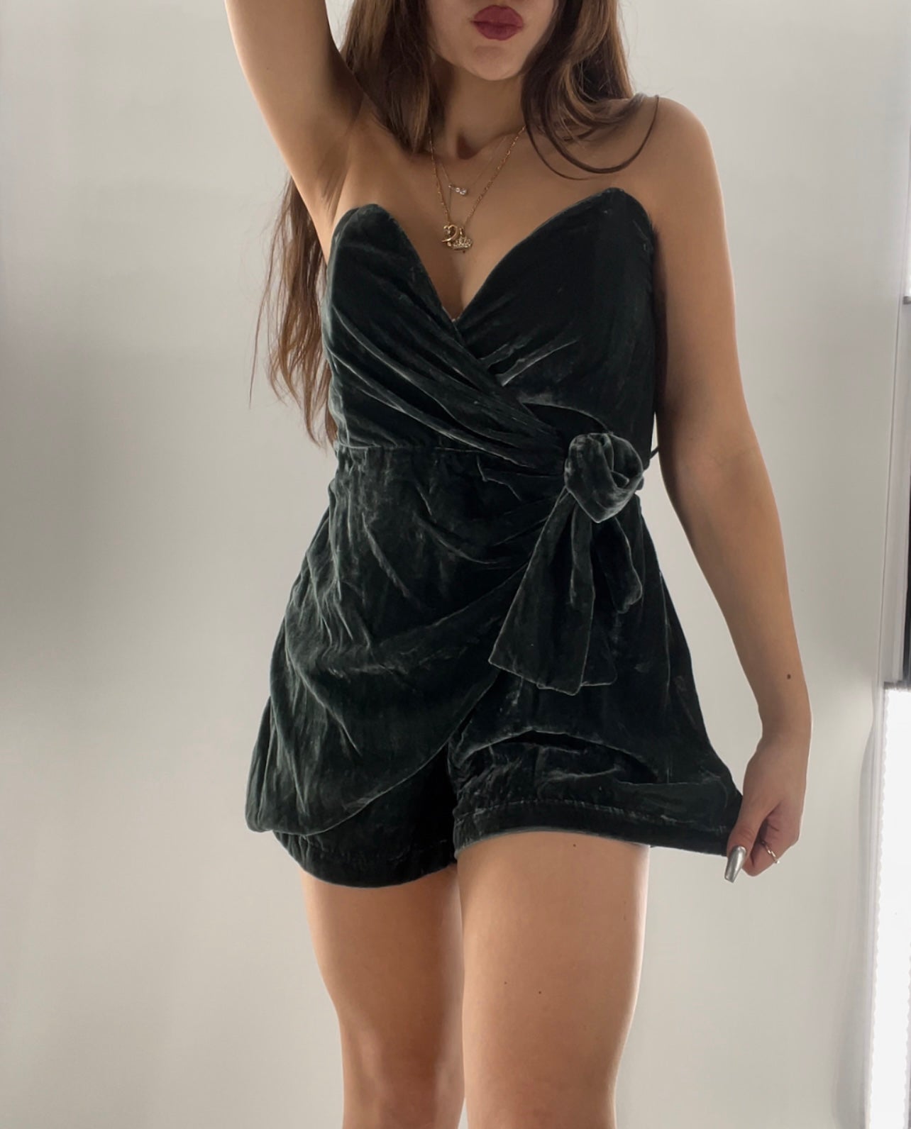 Free People Emerald Green Velvet Romper (Medium)