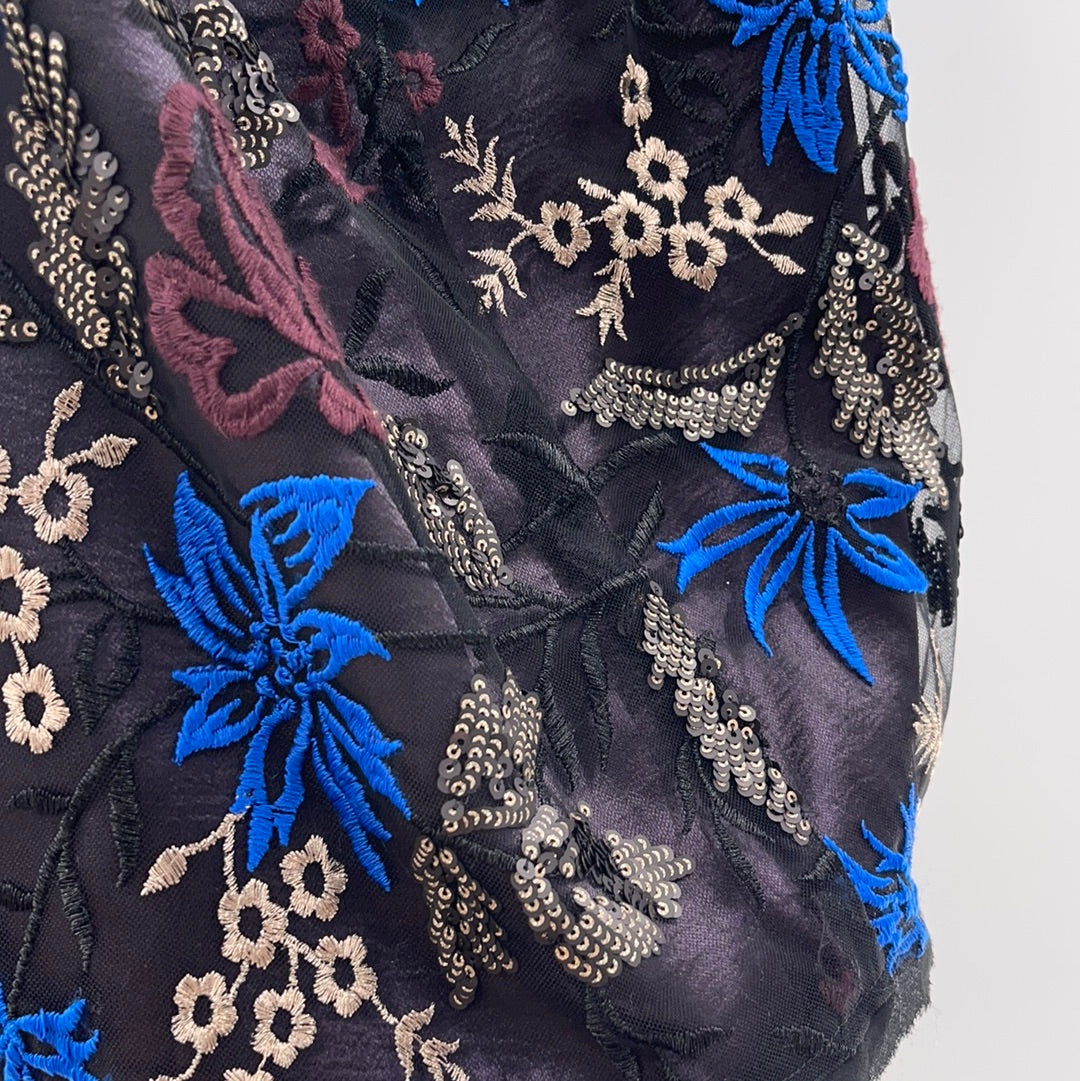 Urban Outfitters - Embroidered Blue / Gold Flower Pattern Mini Dress (Size Medium)