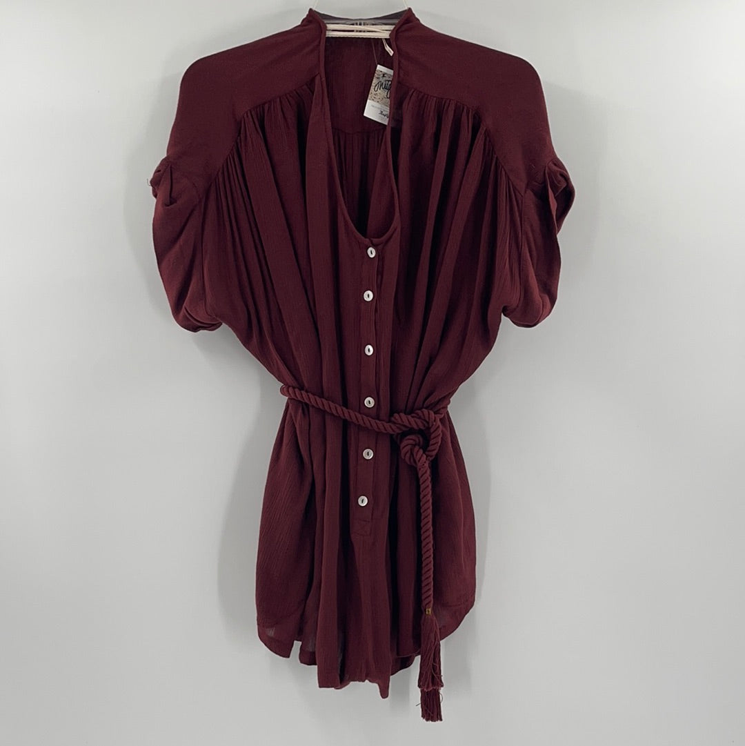 Free People Maroon Short Sleeve Romper with Rope Belt (Size S)