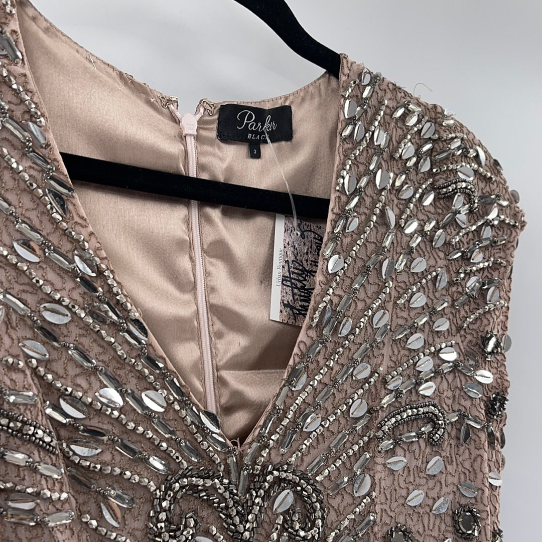 Parker Black Beige Beaded Midi Dress (Size 2)