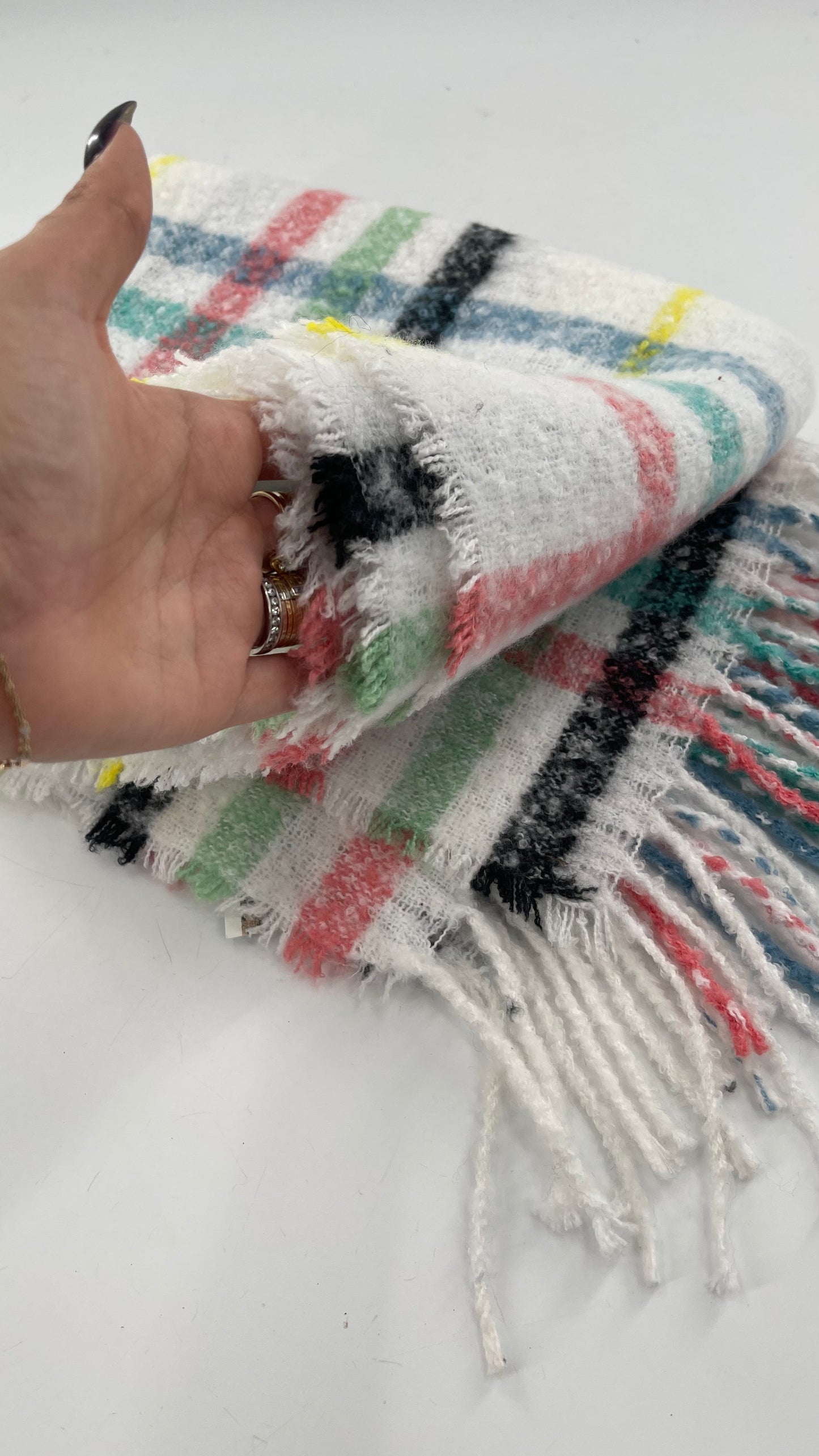 Aerie White Scarf with Colorful Flannel Pattern + Fringe