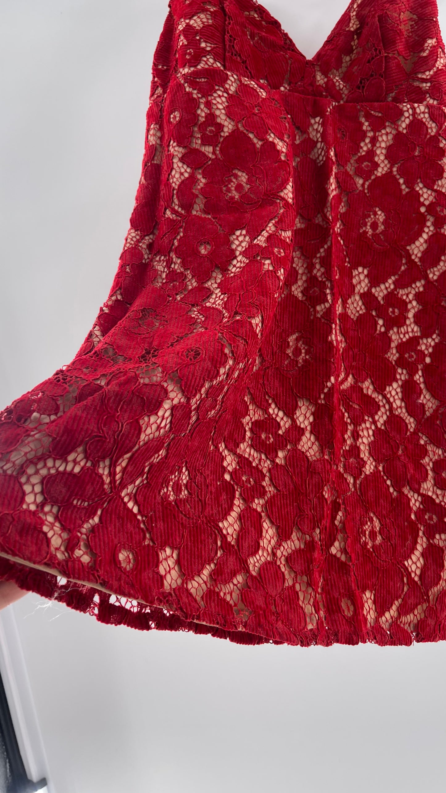 Free People Red Corduroy Lace Over Nude Underlay Sleeveless Mini Dress (Size 0)