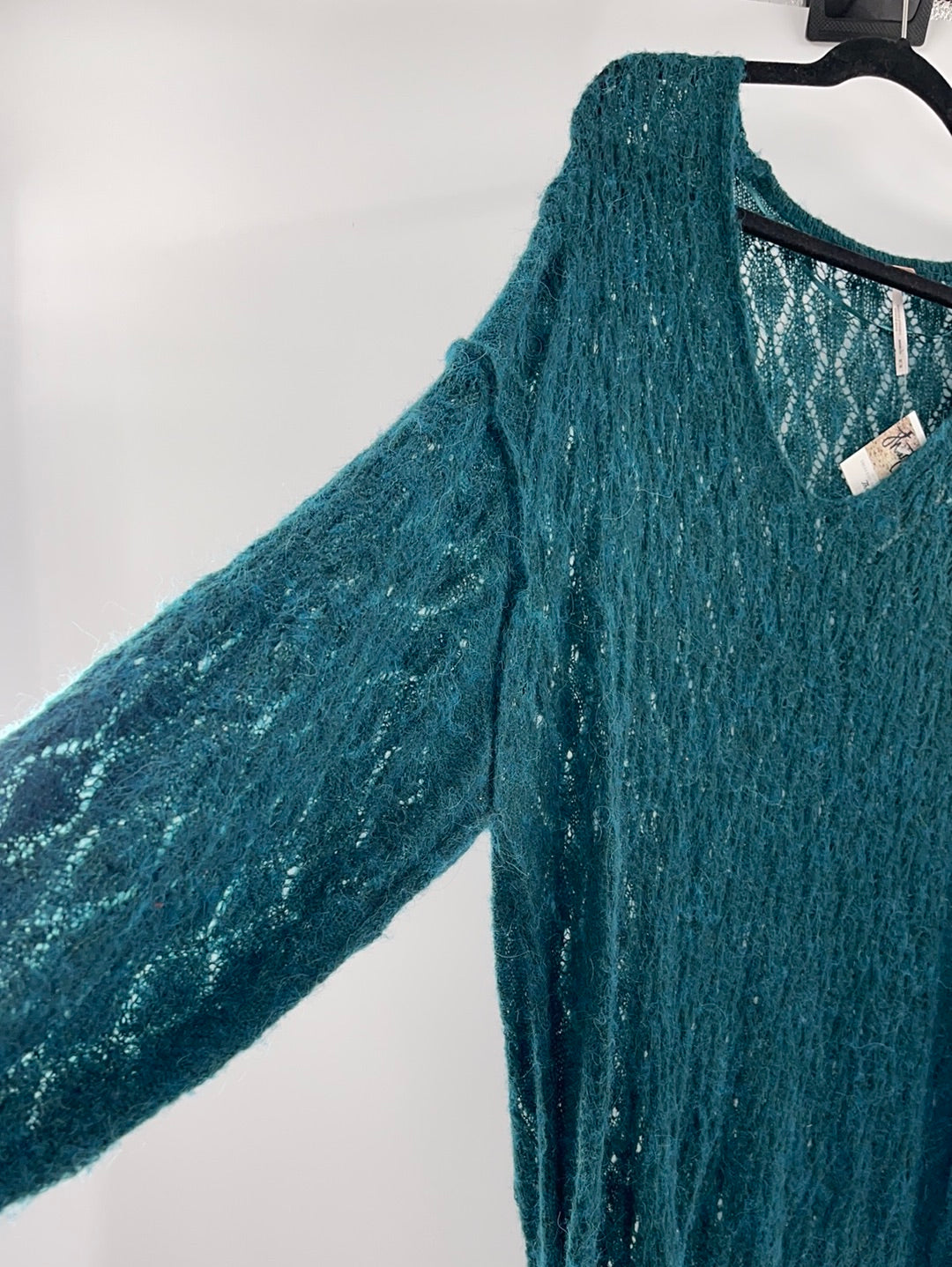 Free People Sheer Green Oversized Sweater (Size Medium)