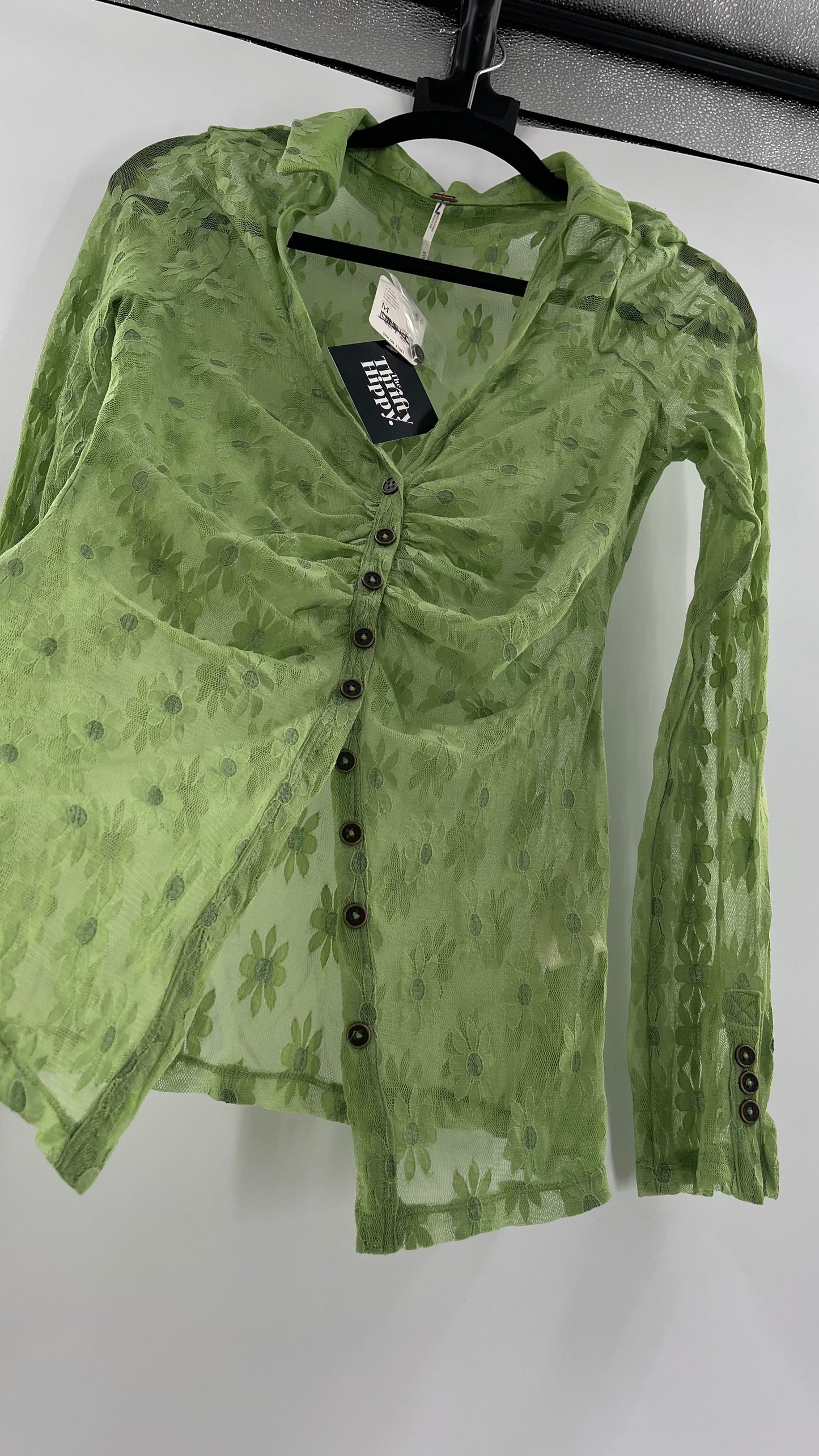 Free People Flower Fields Green Lace Collared Button Up (Small)