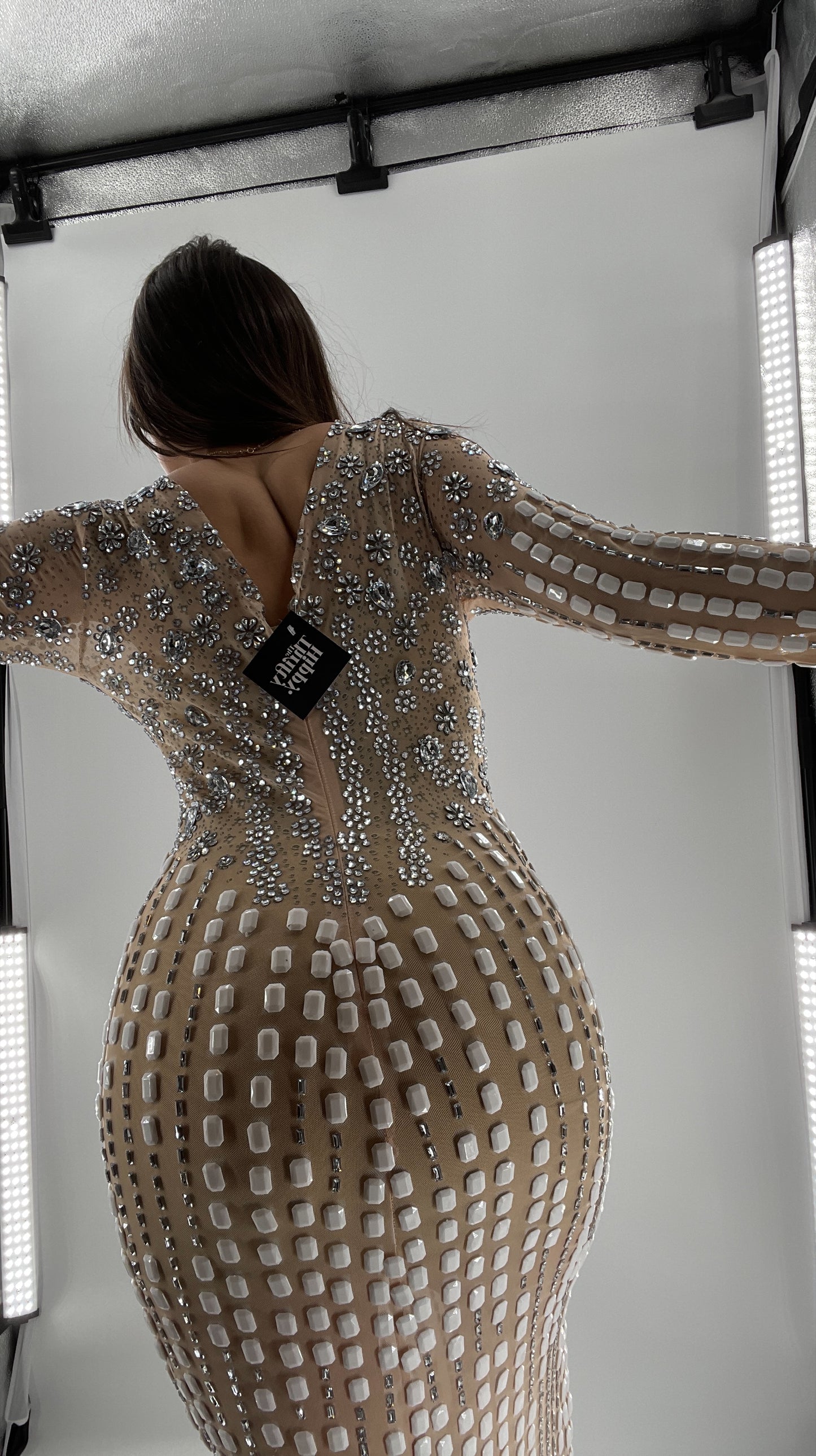 Modified Floor Length Gown Nude Underlay with Crystals and White Jewels (Medium)