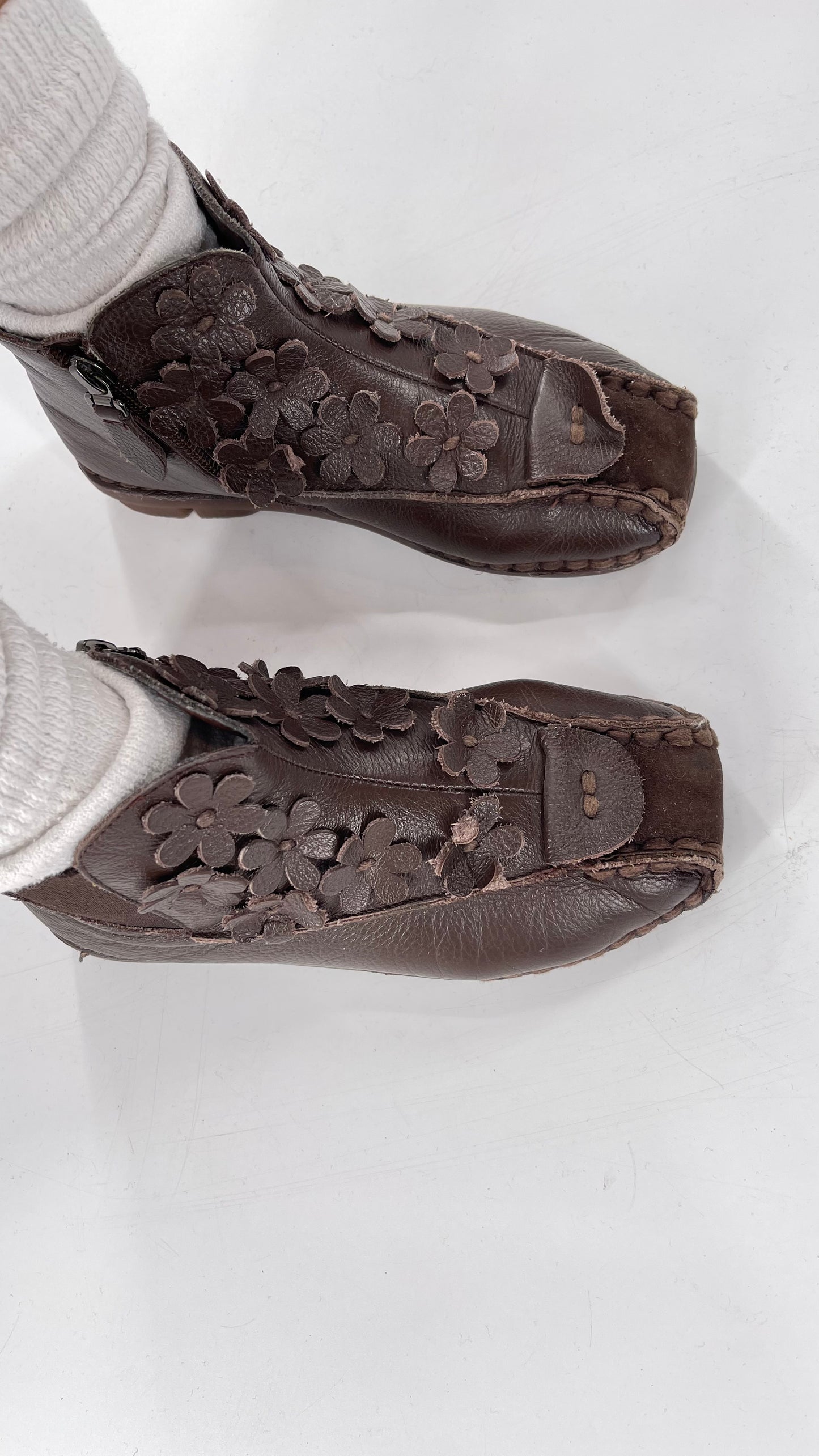 Handmade Brown Leather Flower Power Booties (38)